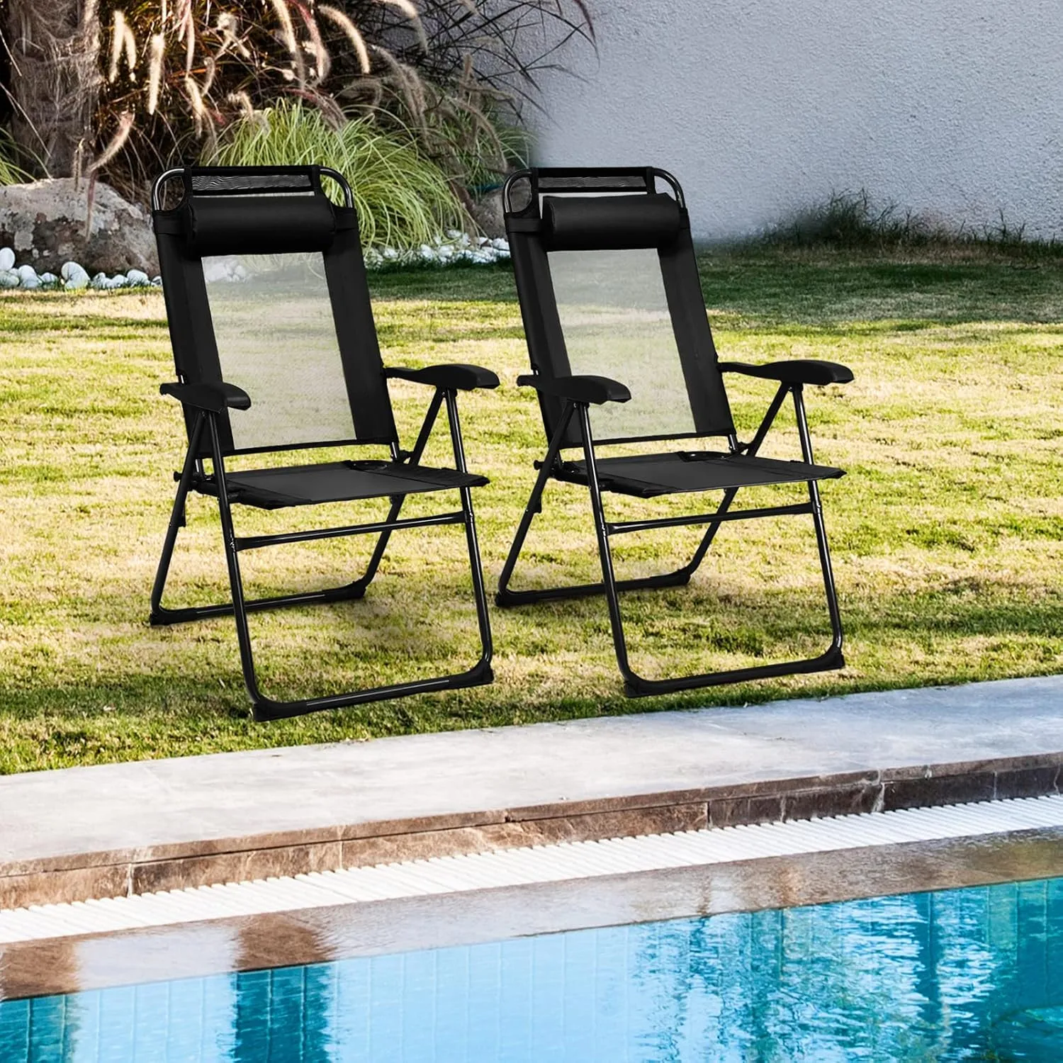 Tangkula Folding Patio Dining Chairs Set of 2, Portable Patio Chairs with 7 Level Adjustable Backrest, Detachable Headrest, Wide Seats, Breathable Mesh Backrest, Outdoor Sling Chairs, 300 Lbs Capacity