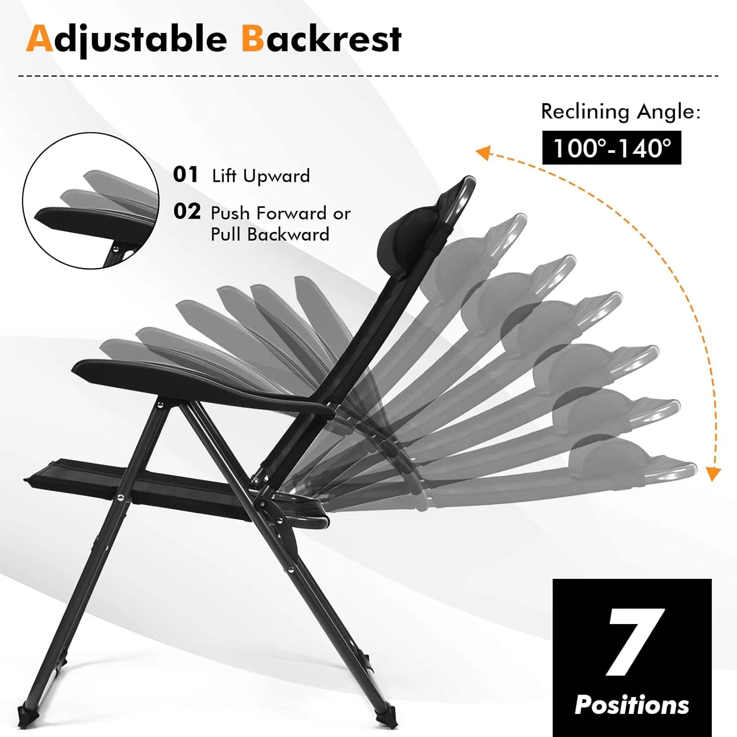 Tangkula Folding Patio Dining Chairs Set of 2, Portable Patio Chairs with 7 Level Adjustable Backrest, Detachable Headrest, Wide Seats, Breathable Mesh Backrest, Outdoor Sling Chairs, 300 Lbs Capacity