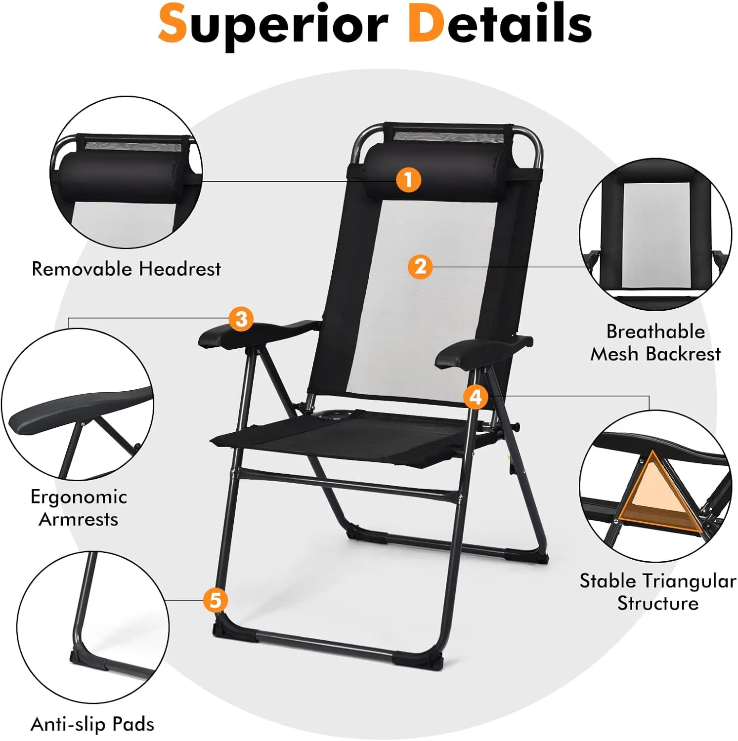 Tangkula Folding Patio Dining Chairs Set of 2, Portable Patio Chairs with 7 Level Adjustable Backrest, Detachable Headrest, Wide Seats, Breathable Mesh Backrest, Outdoor Sling Chairs, 300 Lbs Capacity