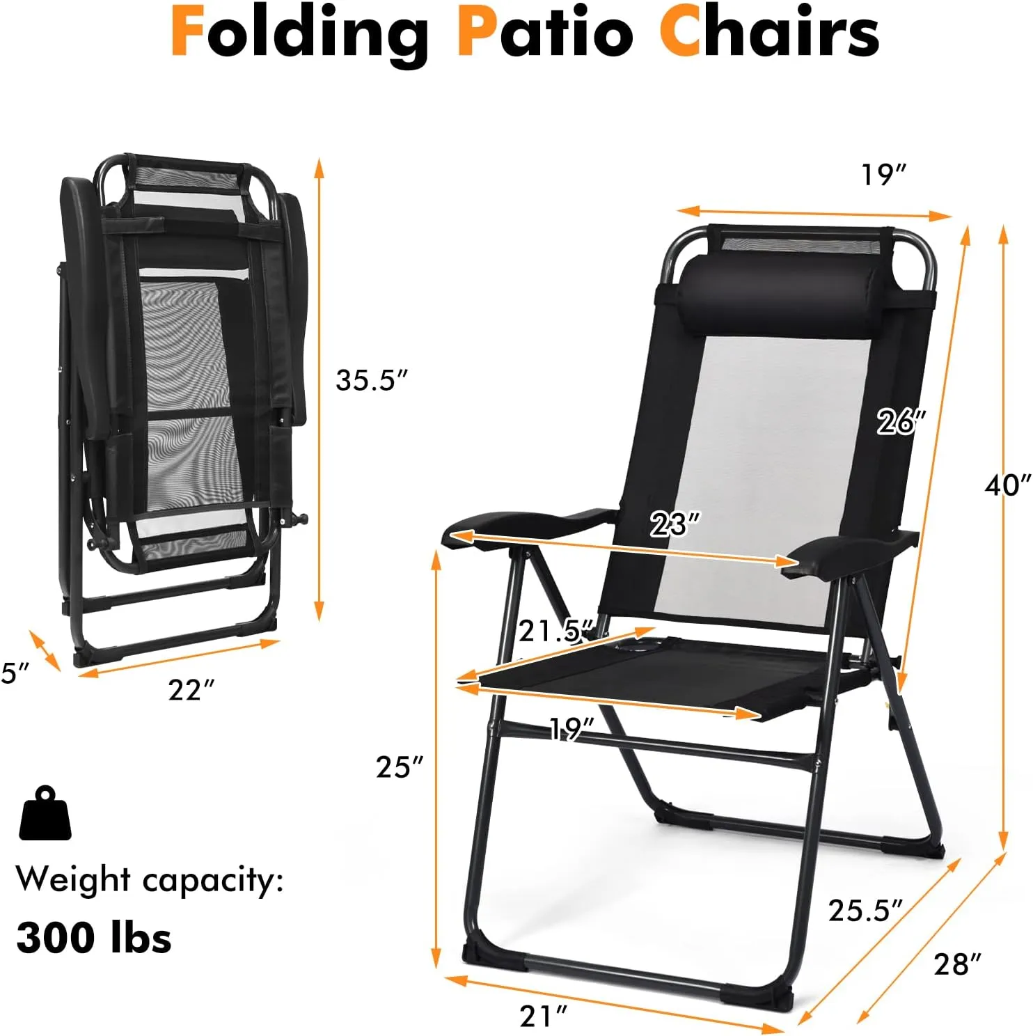 Tangkula Folding Patio Dining Chairs Set of 2, Portable Patio Chairs with 7 Level Adjustable Backrest, Detachable Headrest, Wide Seats, Breathable Mesh Backrest, Outdoor Sling Chairs, 300 Lbs Capacity