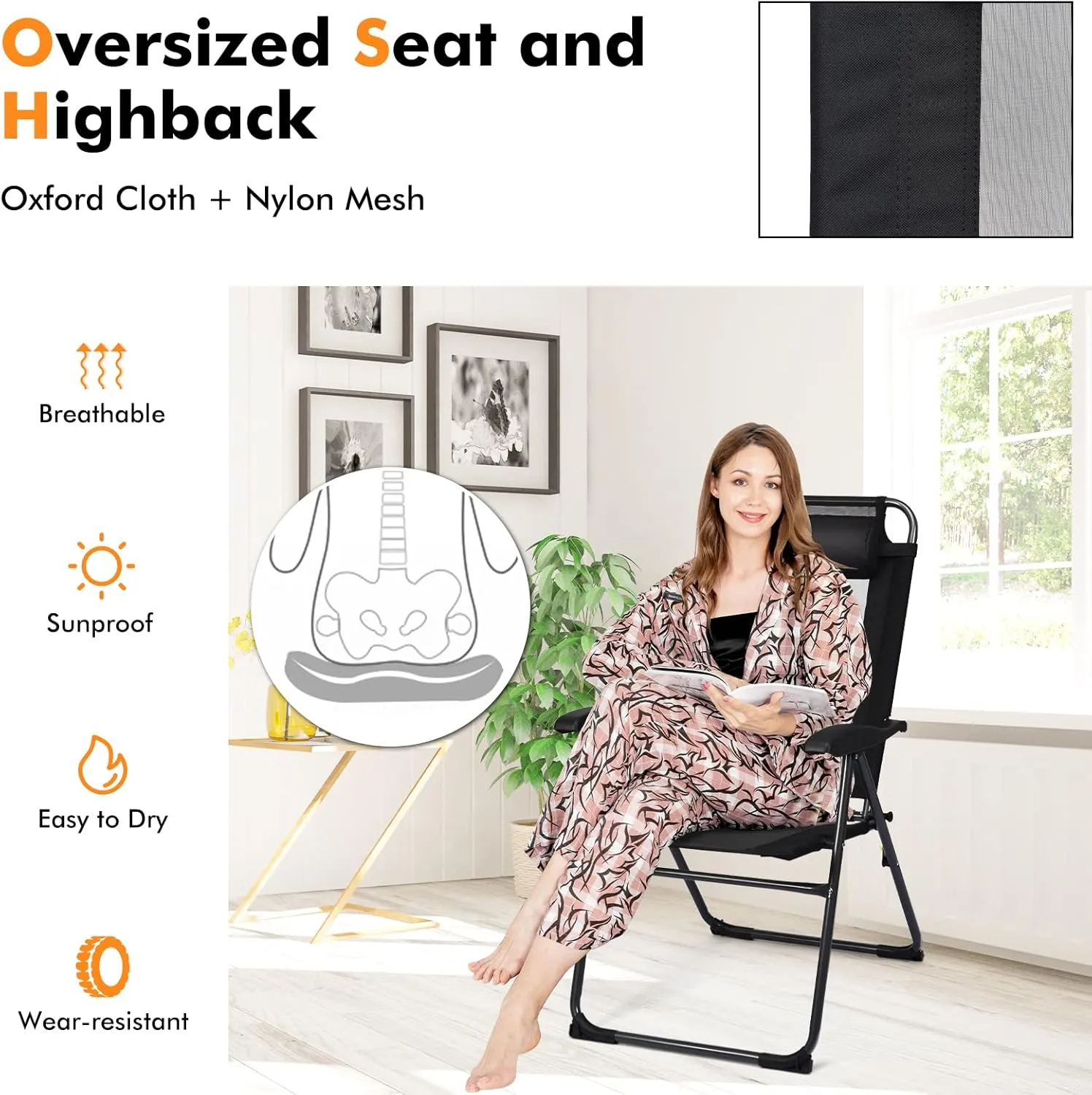 Tangkula Folding Patio Dining Chairs Set of 2, Portable Patio Chairs with 7 Level Adjustable Backrest, Detachable Headrest, Wide Seats, Breathable Mesh Backrest, Outdoor Sling Chairs, 300 Lbs Capacity