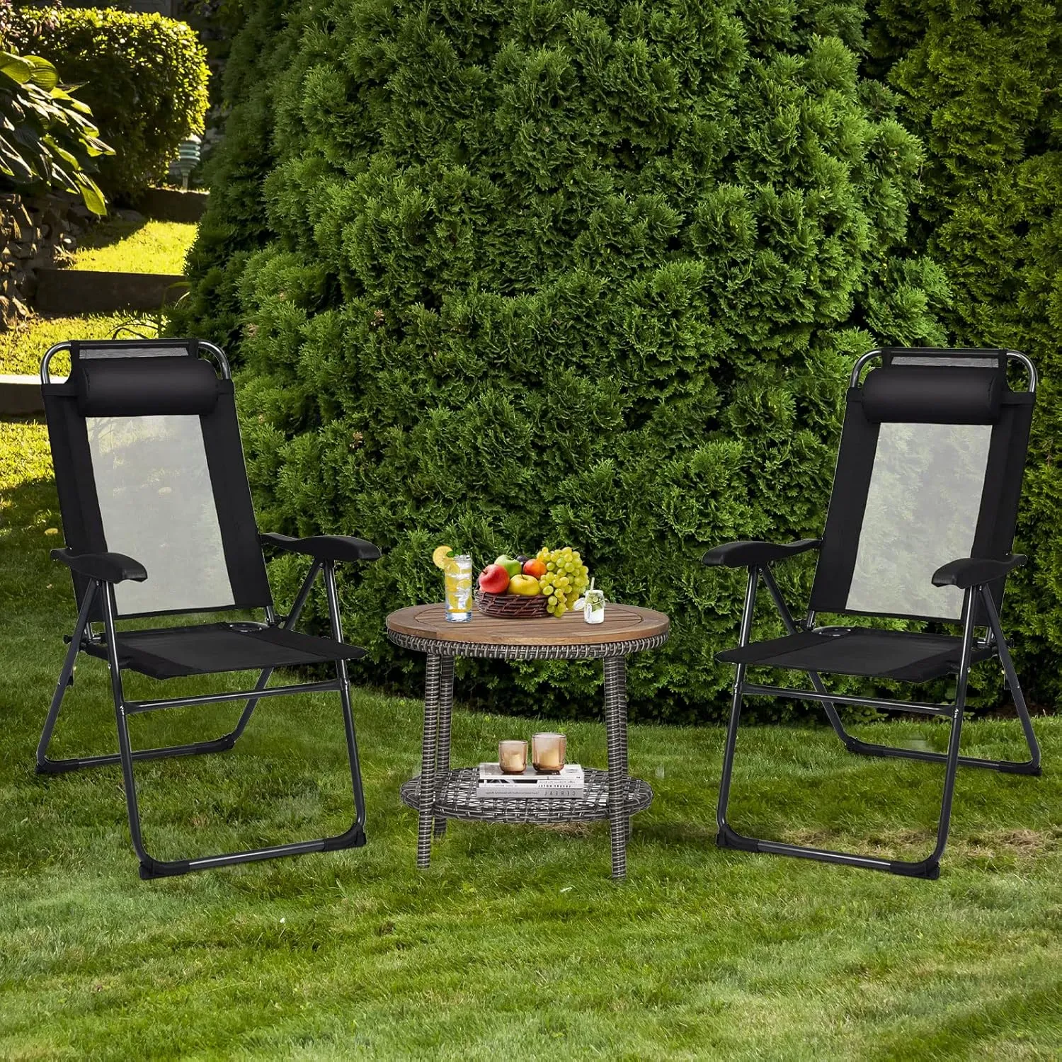 Tangkula Folding Patio Dining Chairs Set of 2, Portable Patio Chairs with 7 Level Adjustable Backrest, Detachable Headrest, Wide Seats, Breathable Mesh Backrest, Outdoor Sling Chairs, 300 Lbs Capacity