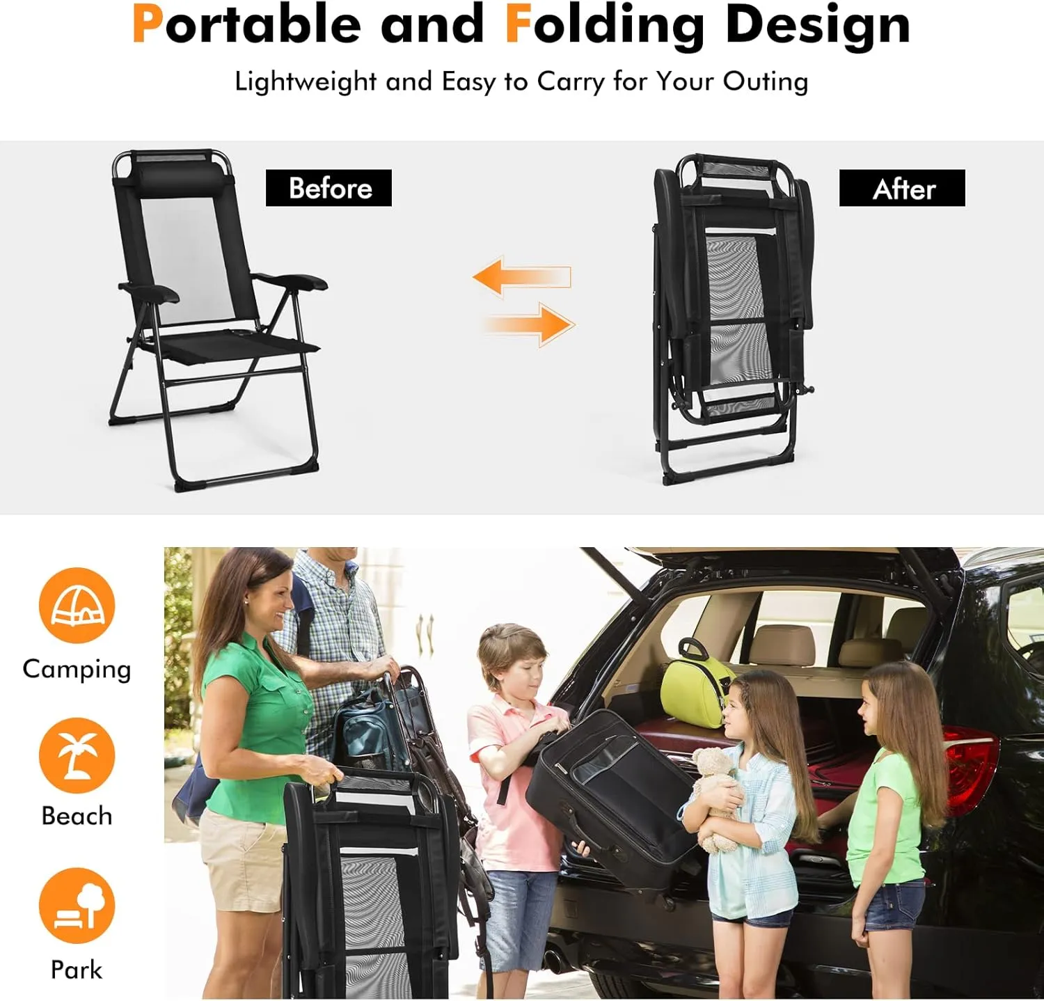 Tangkula Folding Patio Dining Chairs Set of 2, Portable Patio Chairs with 7 Level Adjustable Backrest, Detachable Headrest, Wide Seats, Breathable Mesh Backrest, Outdoor Sling Chairs, 300 Lbs Capacity