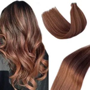 Tape-in Hair Extensions, 22 Inch Brown Balayage, Auburn Brown, Real Human Hair, 20 pcs, Invisible Double Sided Tape Hair