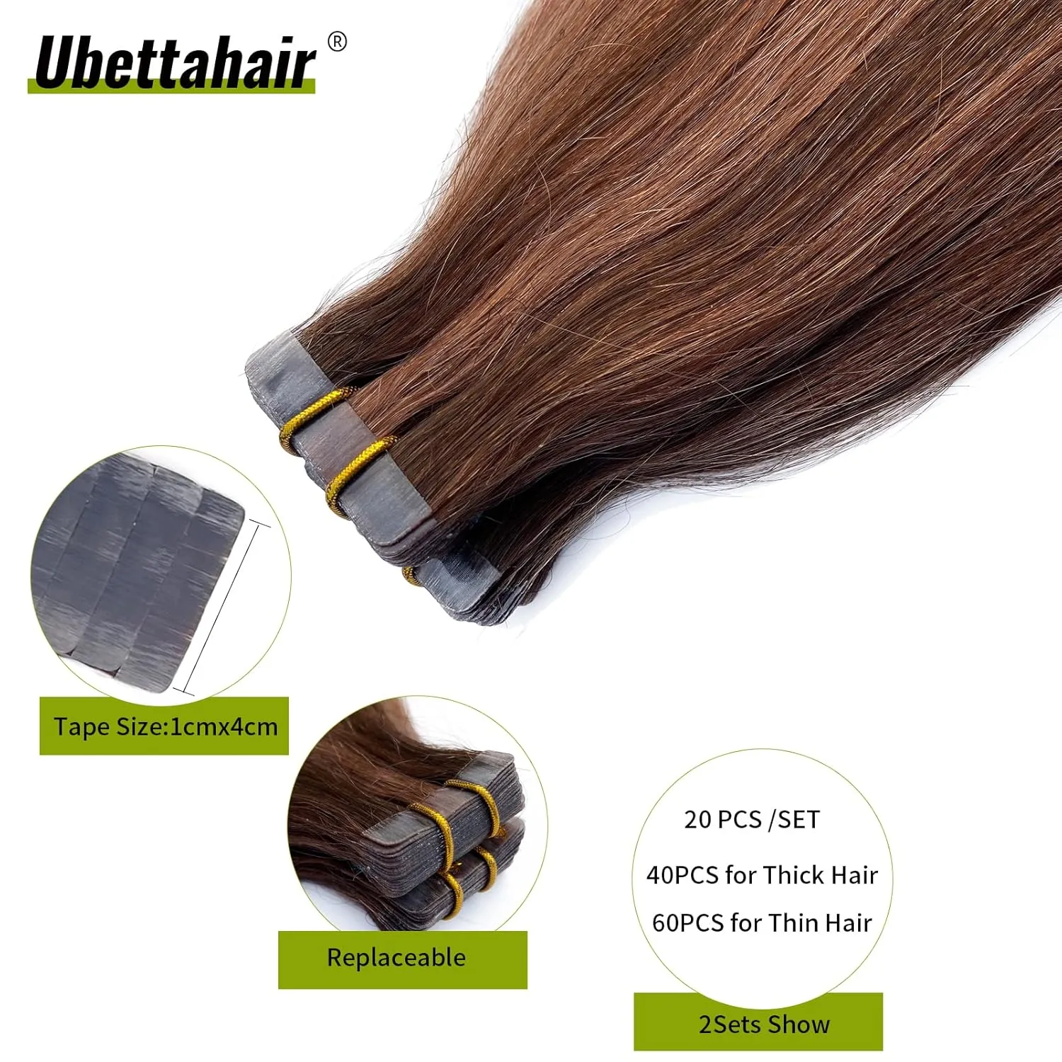 Tape-in Hair Extensions, 22 Inch Brown Balayage, Auburn Brown, Real Human Hair, 20 pcs, Invisible Double Sided Tape Hair
