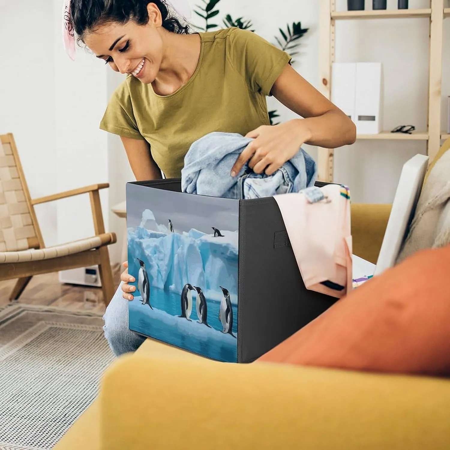 The Iceberg Storage Bins Collapsible Cube Storage Organizer Bins Closet Storage Boxes Baskets with Leather Handles for Organizing Clothes Sheets Jeans Books