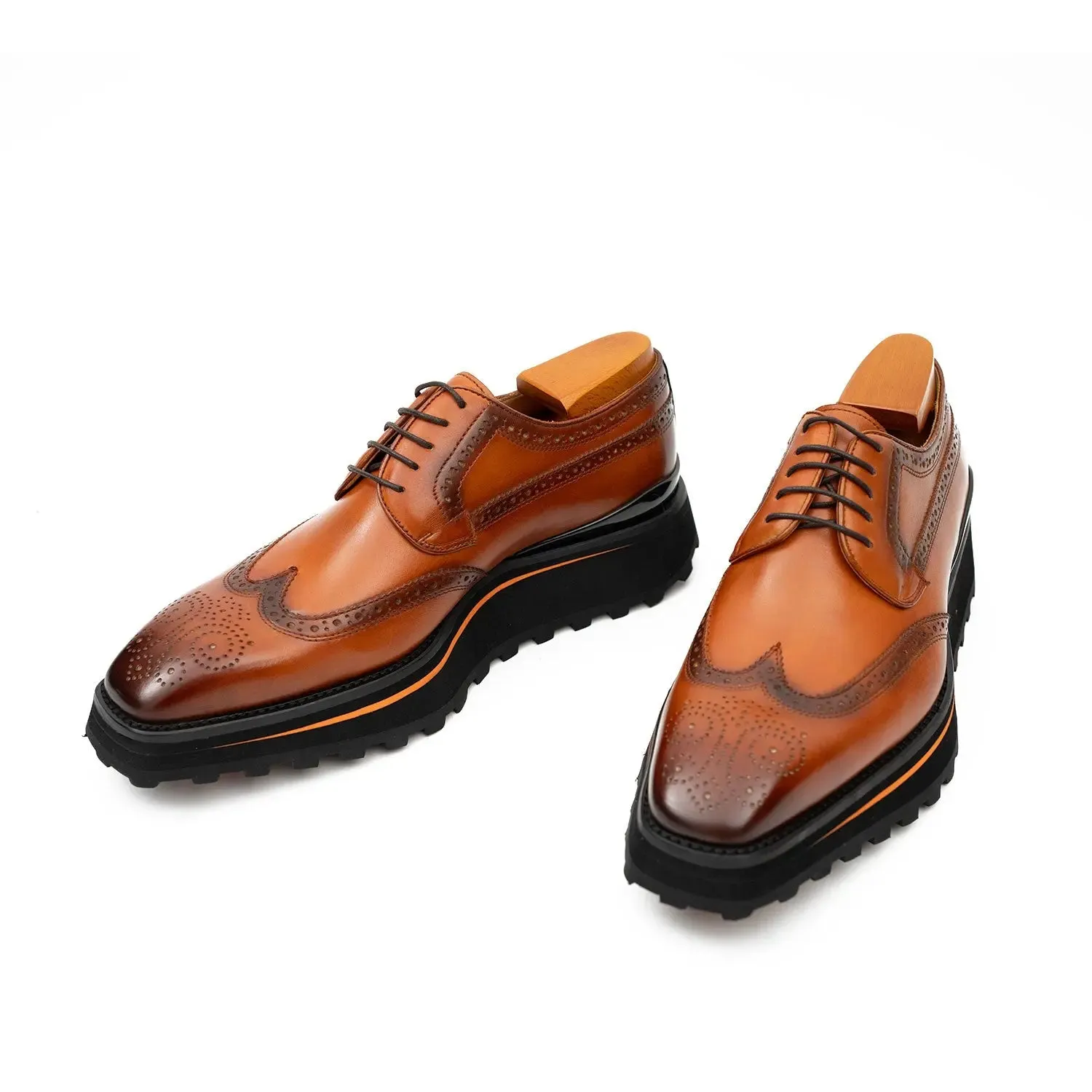 Thick-soled calfskin formal brogue derby shoes Brown