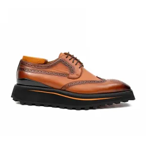 Thick-soled calfskin formal brogue derby shoes Brown