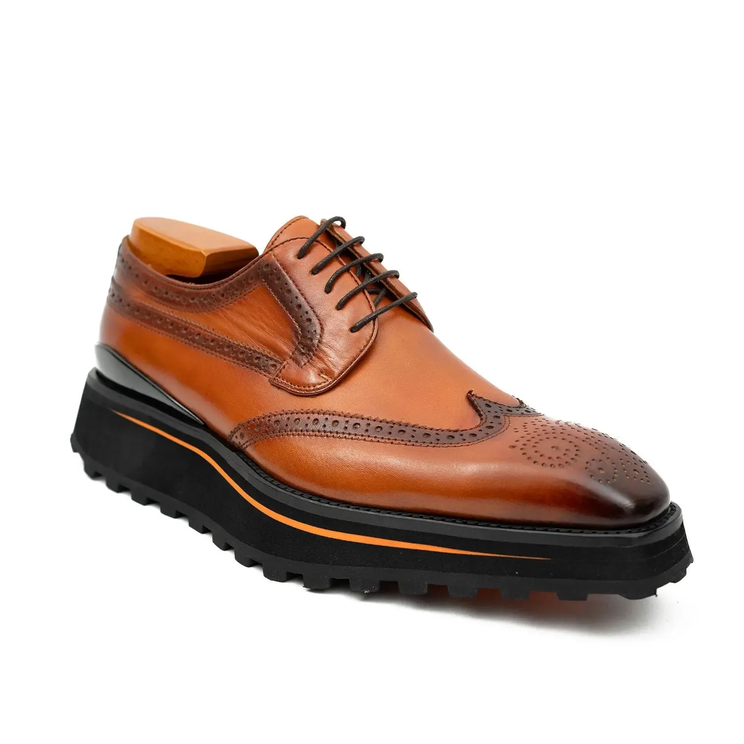 Thick-soled calfskin formal brogue derby shoes Brown