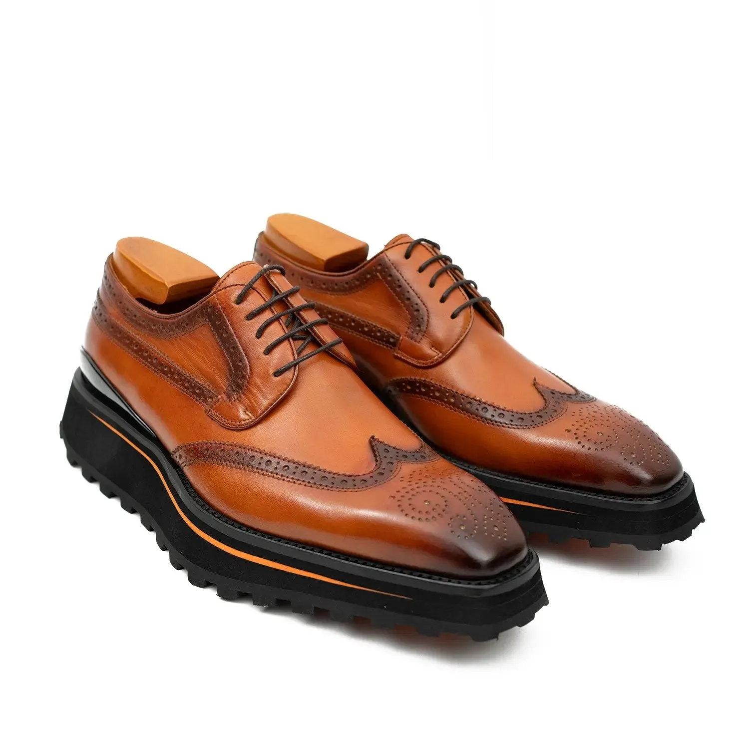 Thick-soled calfskin formal brogue derby shoes Brown