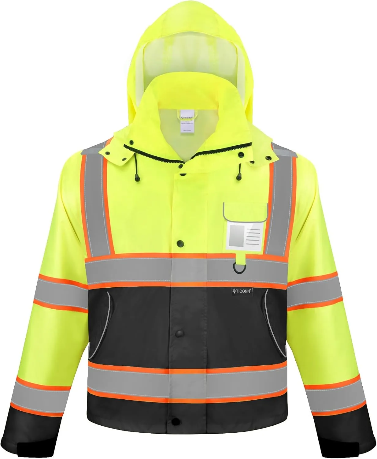 TICONN Reflective Rain Jacket Safety Jacket, Waterproof Hi Vis Rain Coat, Class III High Visibility Coat (Yellow&Black, S)