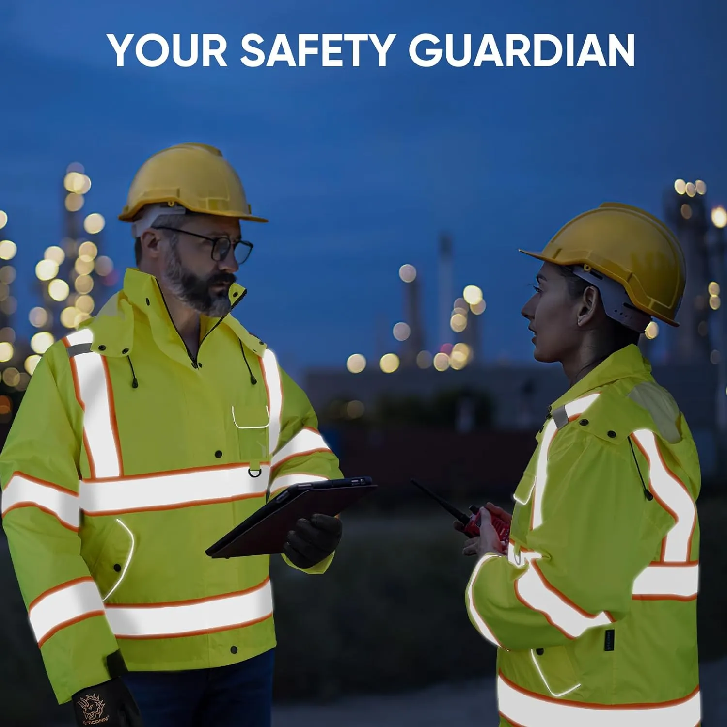 TICONN Reflective Rain Jacket Safety Jacket, Waterproof Hi Vis Rain Coat, Class III High Visibility Coat (Yellow&Black, S)
