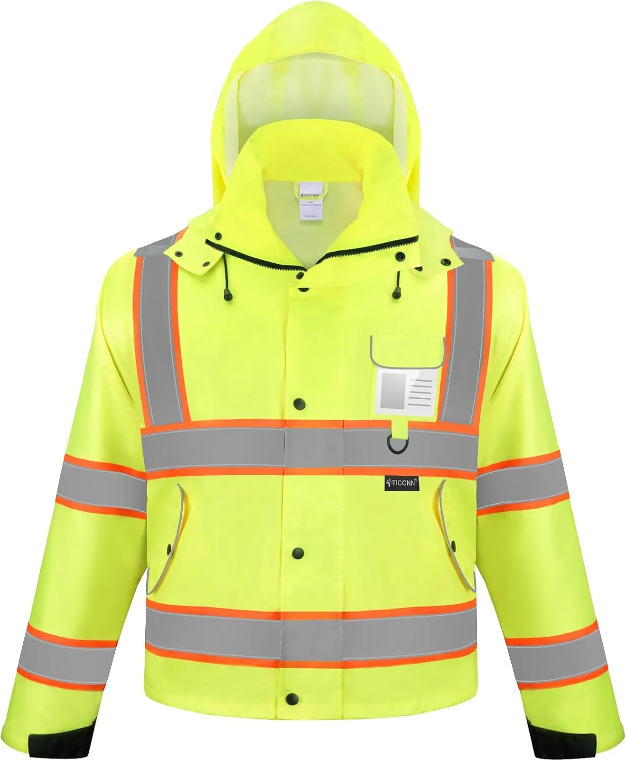 TICONN Reflective Rain Jacket Safety Jacket, Waterproof Hi Vis Rain Coat, Class III High Visibility Coat (Yellow&Black, S)