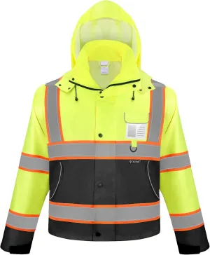 TICONN Reflective Rain Jacket Safety Jacket, Waterproof Hi Vis Rain Coat, Class III High Visibility Coat (Yellow&Black, S)