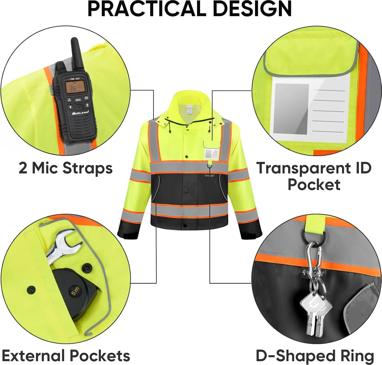 TICONN Reflective Rain Jacket Safety Jacket, Waterproof Hi Vis Rain Coat, Class III High Visibility Coat (Yellow&Black, S)