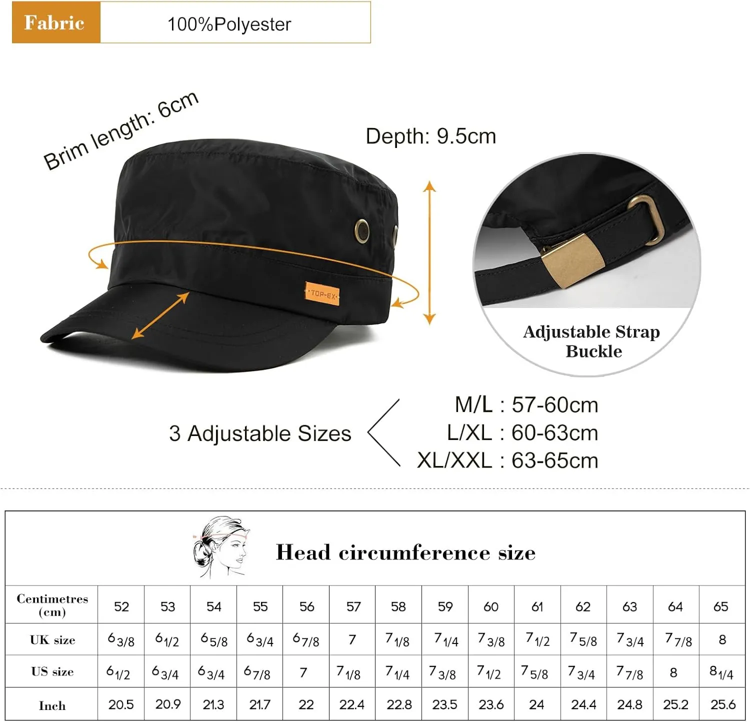 TOP-EX XXL/XL/L Waterproof & UV50  Adjustable Army Cap 58-65CM