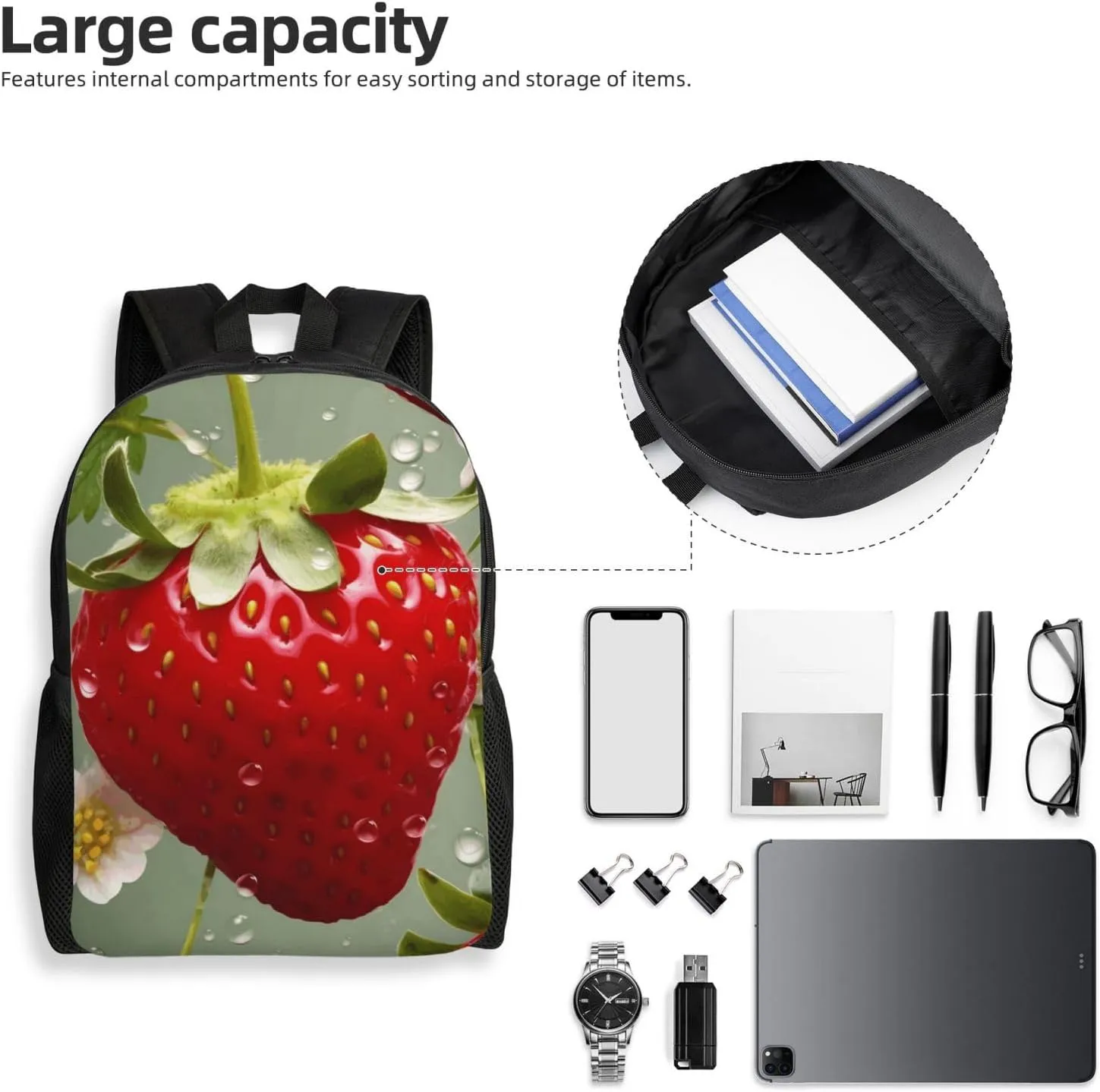 Travel Backpack for Women Men Lightweight 17 inch Laptop Bag Lovely Strawberry Backpack Casual Daypack