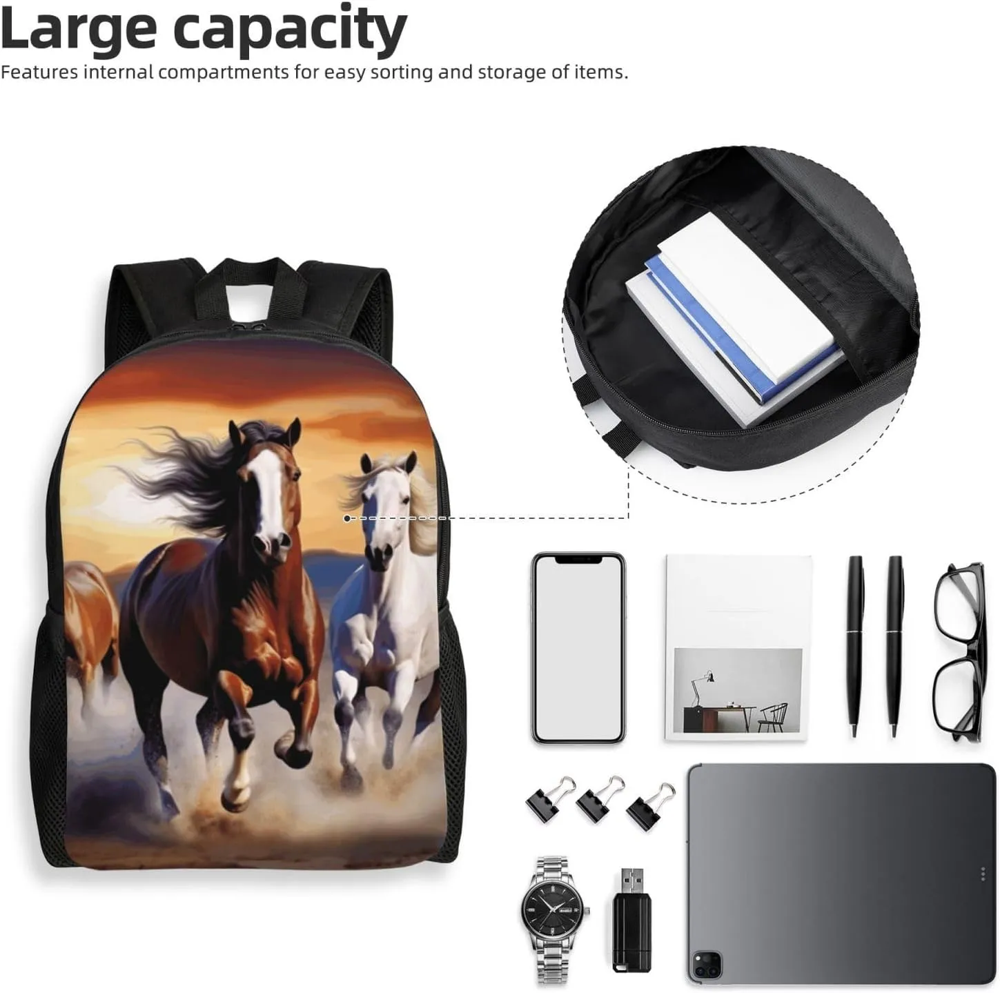 Travel Backpack for Women Men Lightweight 17 inch Laptop Bag Running Horses Backpack Casual Daypack