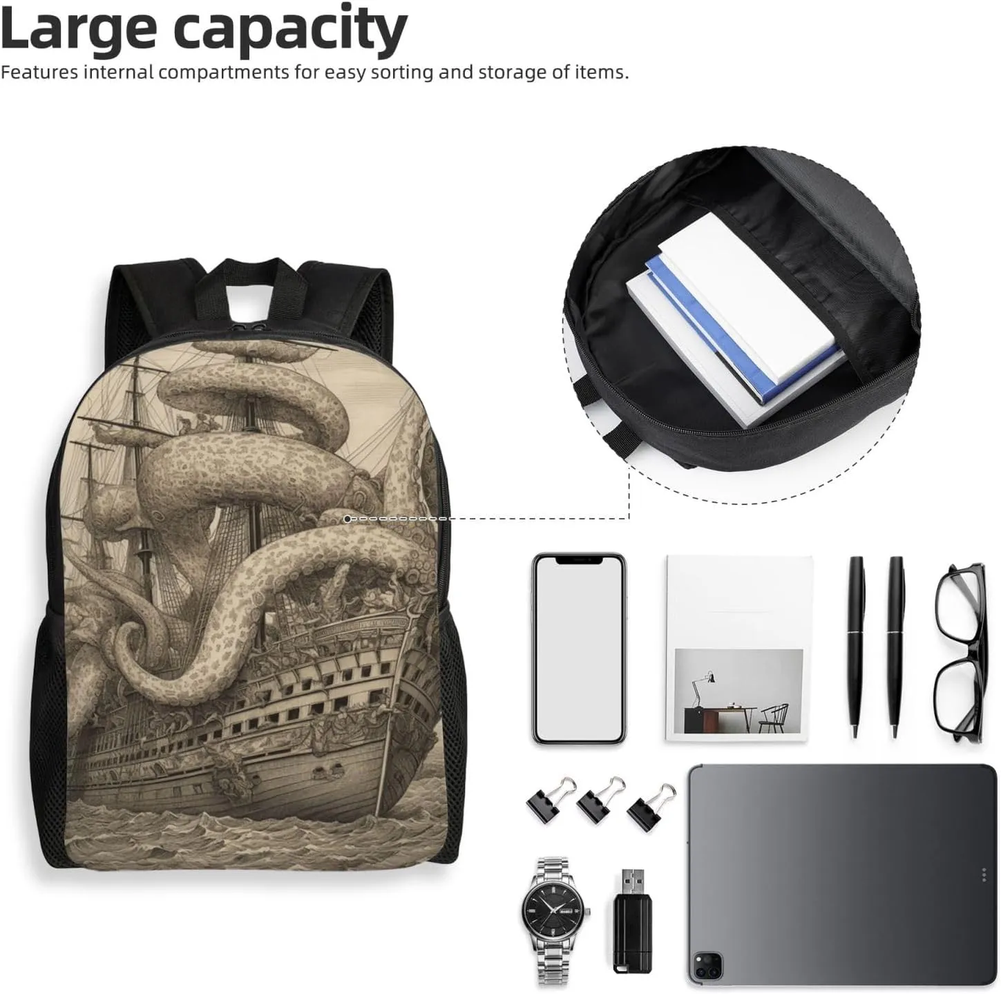 Travel Backpack for Women Men Lightweight 17 inch Laptop Bag Sailing Pirate Octopus Backpack Casual Daypack