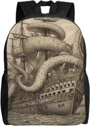 Travel Backpack for Women Men Lightweight 17 inch Laptop Bag Sailing Pirate Octopus Backpack Casual Daypack