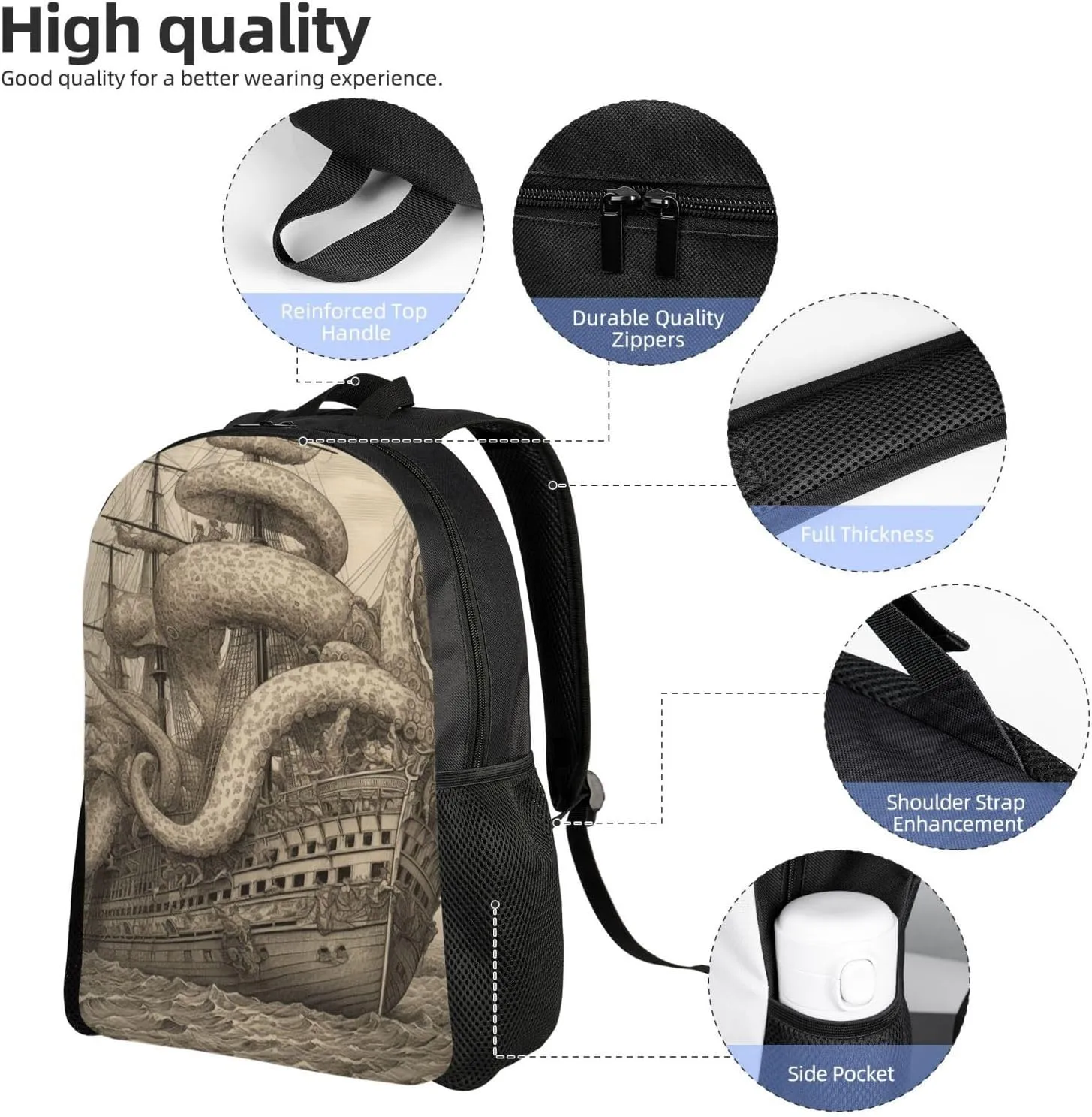 Travel Backpack for Women Men Lightweight 17 inch Laptop Bag Sailing Pirate Octopus Backpack Casual Daypack