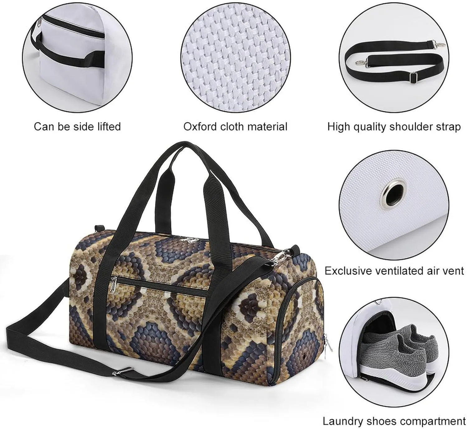 Travel Gym Bag with Textures Patterns Boa for Men Women Shoe Compartment Weekender