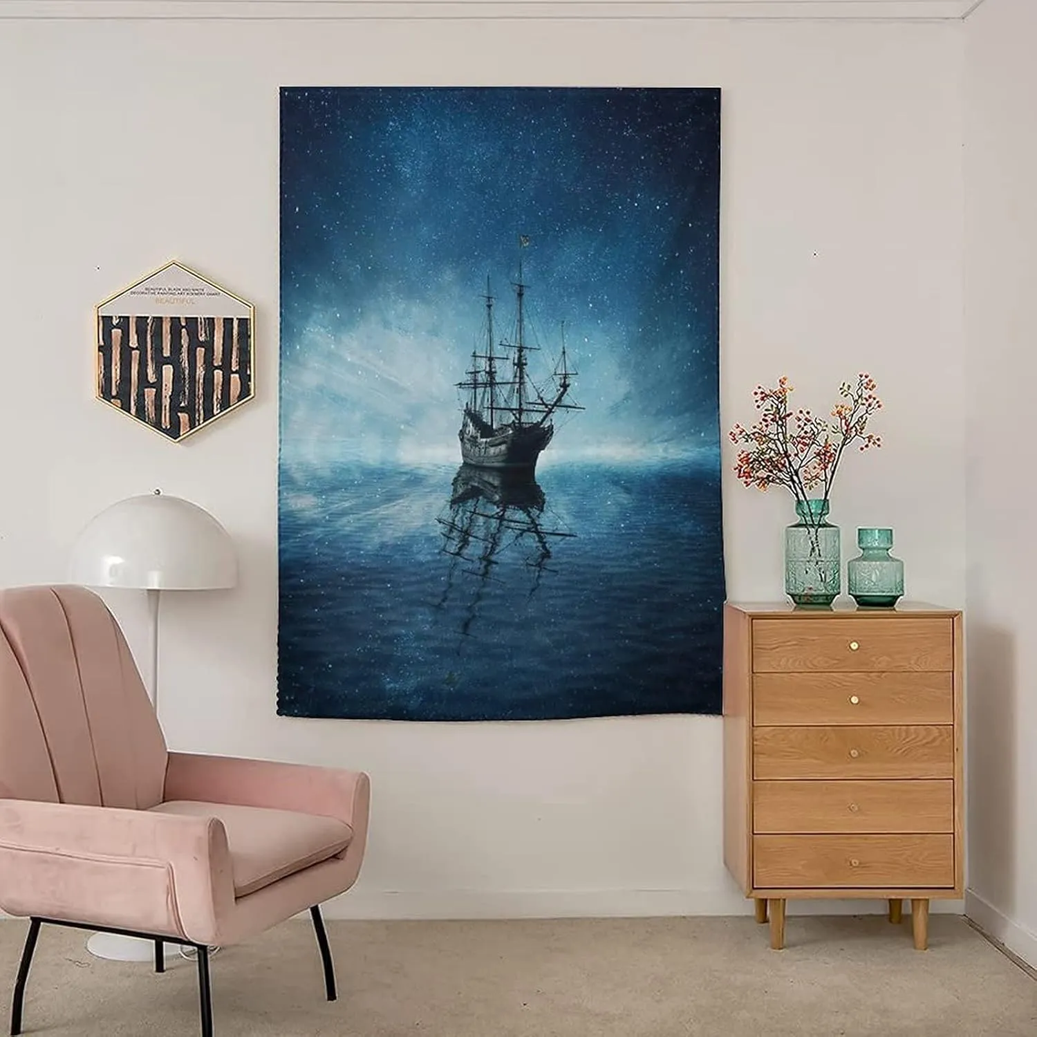 Travel Windows Blackout Curtain, Ocean Curtain Shades, Ghost Pirate Ship on Dark Sea with Starry Night Sky Print Adjustable Temporary Blackout Shades,59W x72L Inches, for Bathroom Living Room Bedroom