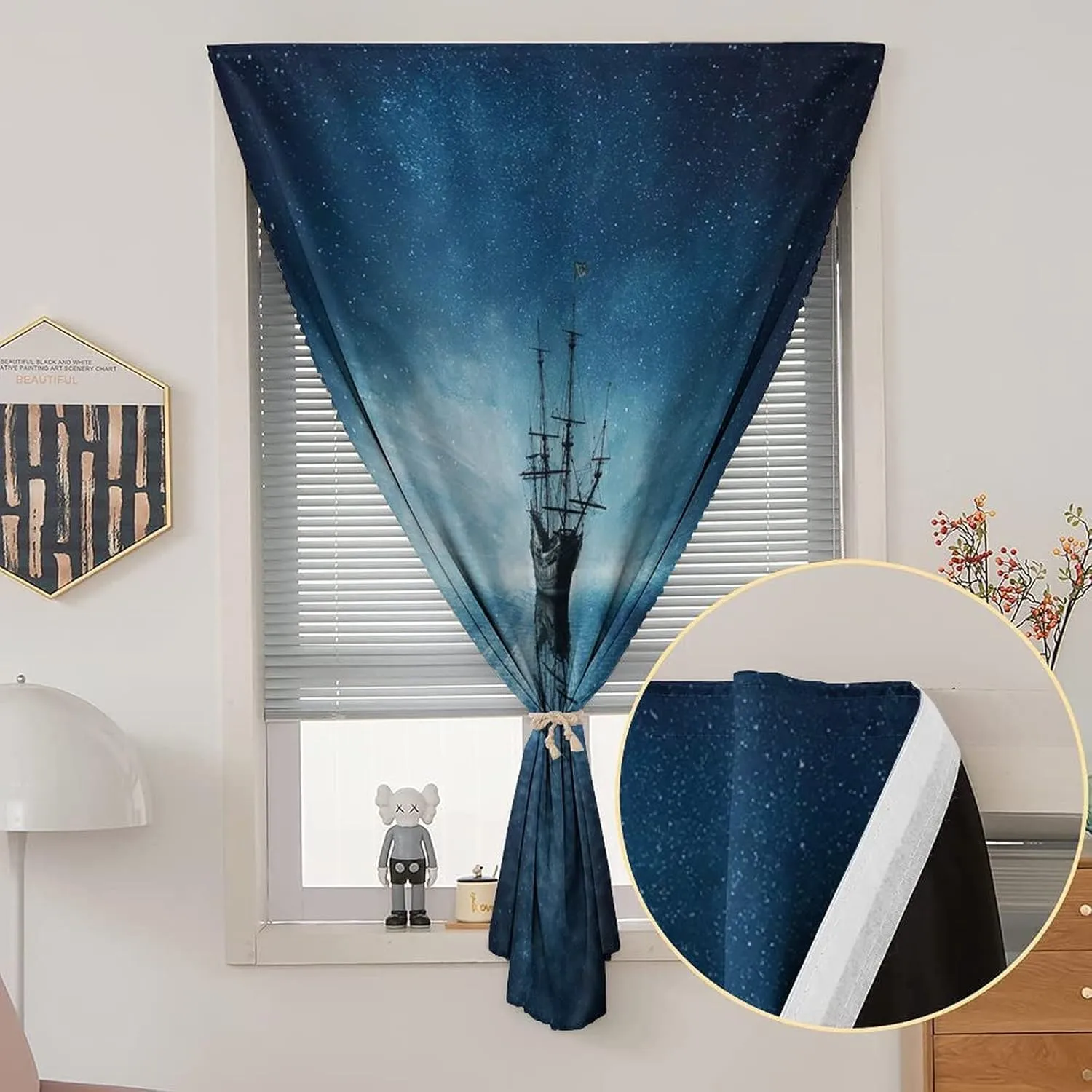 Travel Windows Blackout Curtain, Ocean Curtain Shades, Ghost Pirate Ship on Dark Sea with Starry Night Sky Print Adjustable Temporary Blackout Shades,59W x72L Inches, for Bathroom Living Room Bedroom