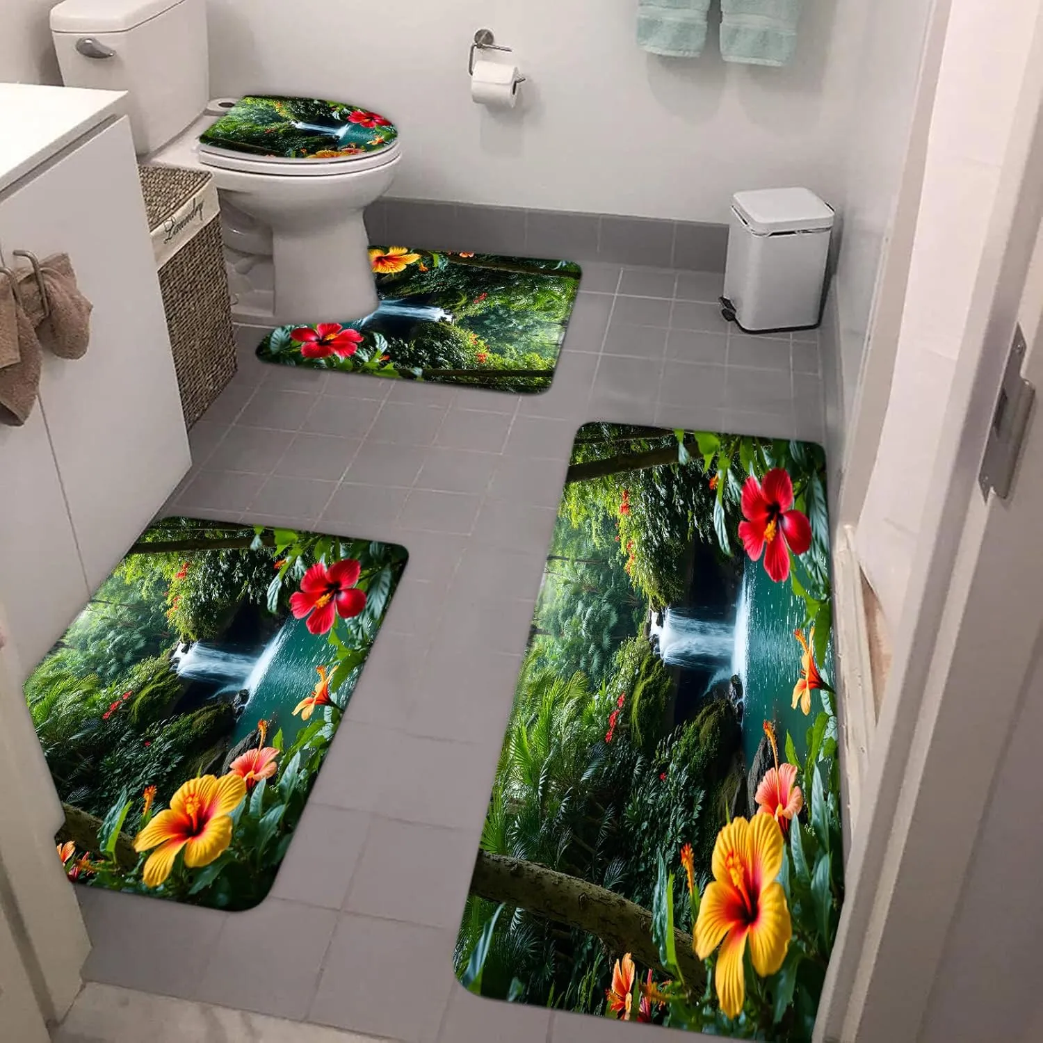 Tropical Rainforest Waterfall 4 Piece Bathroom Rugs Set Tropical Floral Leaves Green Plant Jungle Stream Nature Garden Bath Mats,Toilet Cover,U-Shaped Toilet Mat