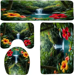Tropical Rainforest Waterfall 4 Piece Bathroom Rugs Set Tropical Floral Leaves Green Plant Jungle Stream Nature Garden Bath Mats,Toilet Cover,U-Shaped Toilet Mat