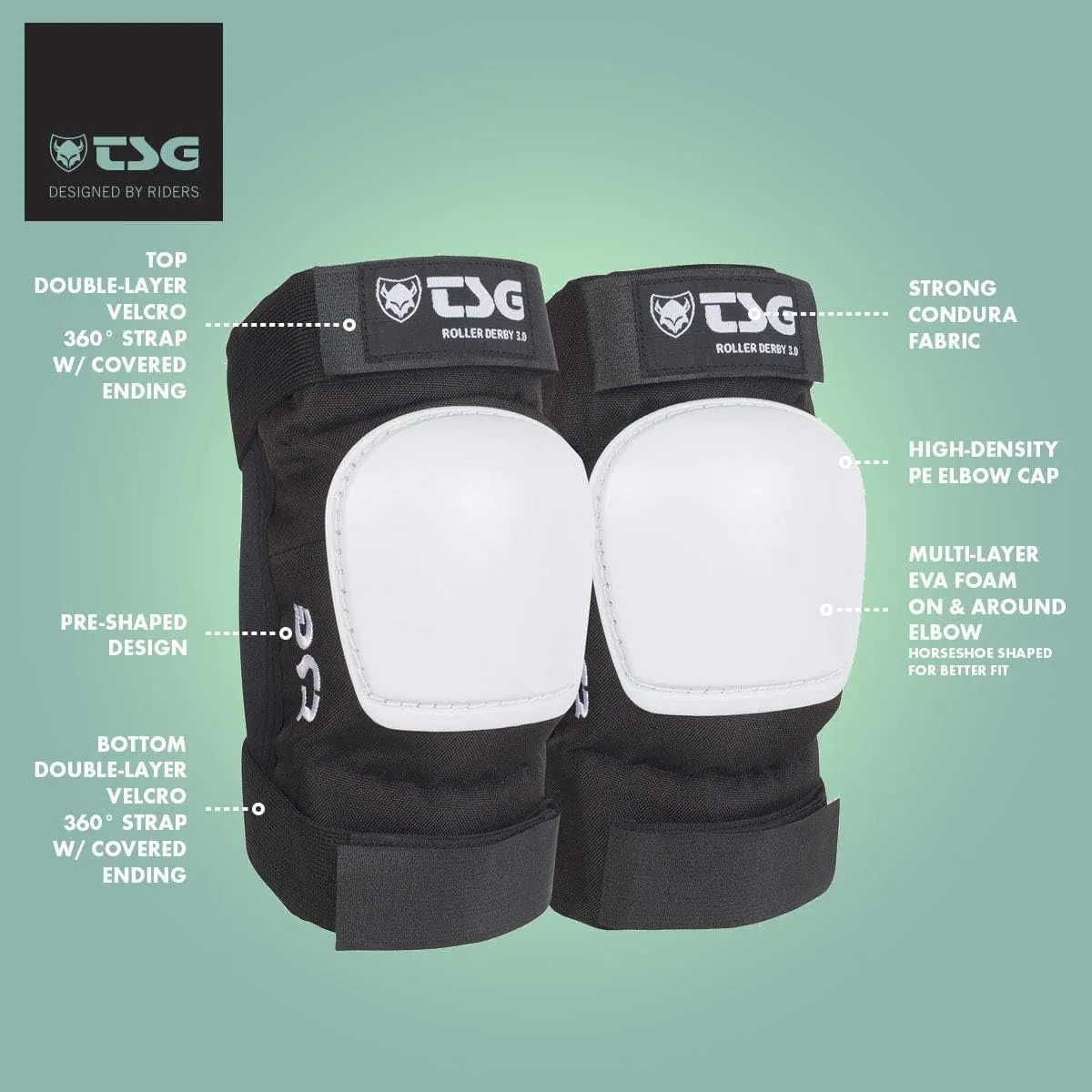 TSG Elbow Pads 3.0 for Roller Derby, Skateboard, Hardshell, EVA Foam, Impact Protection, Tear Resistant Nylon, Certified, Secure Fit, Velcro Strap, Ergonomic, Slim Profile, Anti Slip, Swiss Design