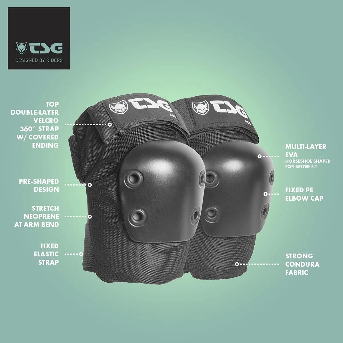 TSG Elbowpad Ace Protective Pads, Hardshell, EVA Foam, PE Elbow Cap, Tear Resistant Nylon, 360 Degree Wrap Strap, Pre Shaped, Horseshoe, Slip On, Pull Over, Skating, Downhill, Black