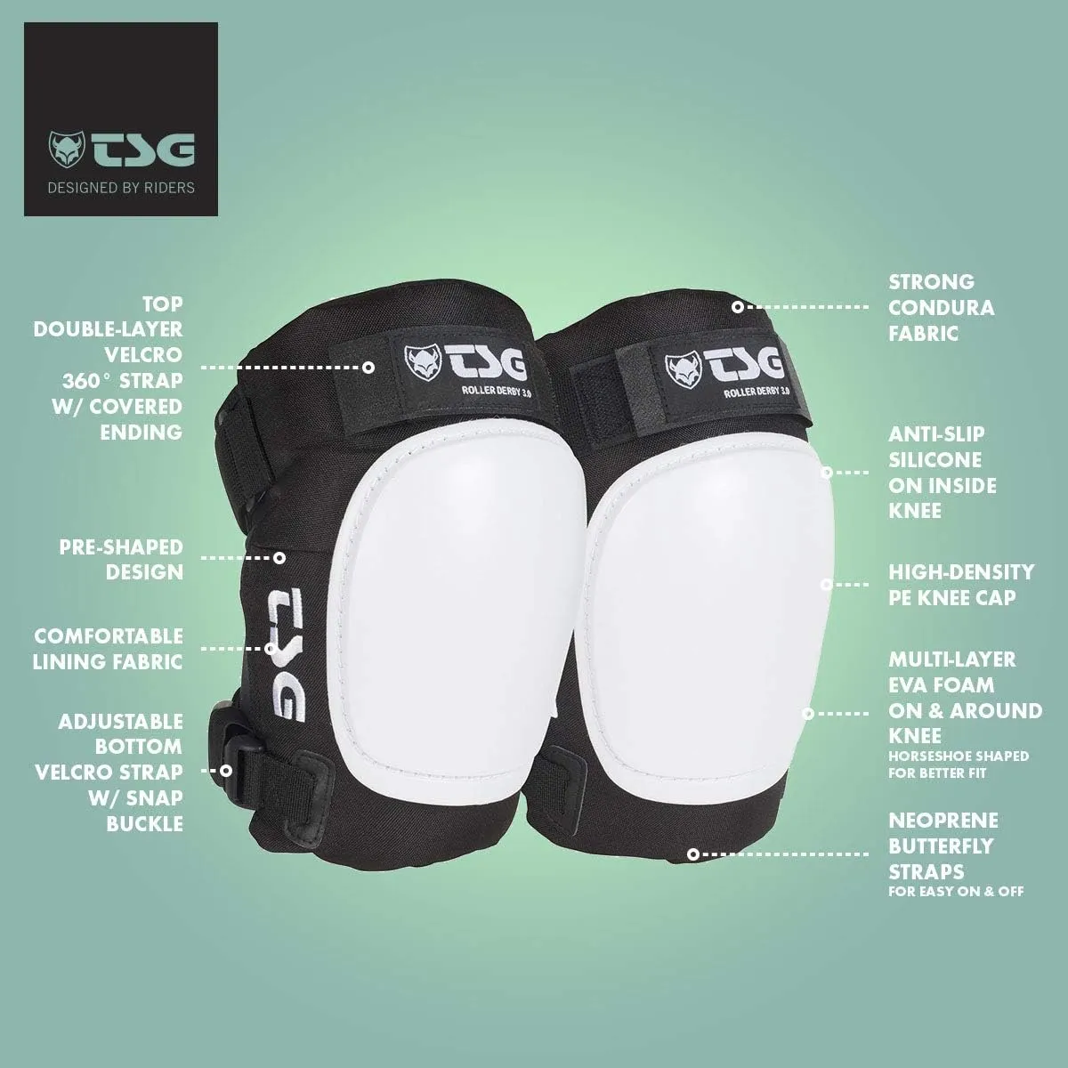 TSG Roller Derby Knee Pads 3.0, for Men & Women, Skateboarding, Roller skating, Rollerblade, Hardshell, Certified Protection, Tear Resistant Nylon, Ergonomic, Slim Profile, Open Back, Swiss Design
