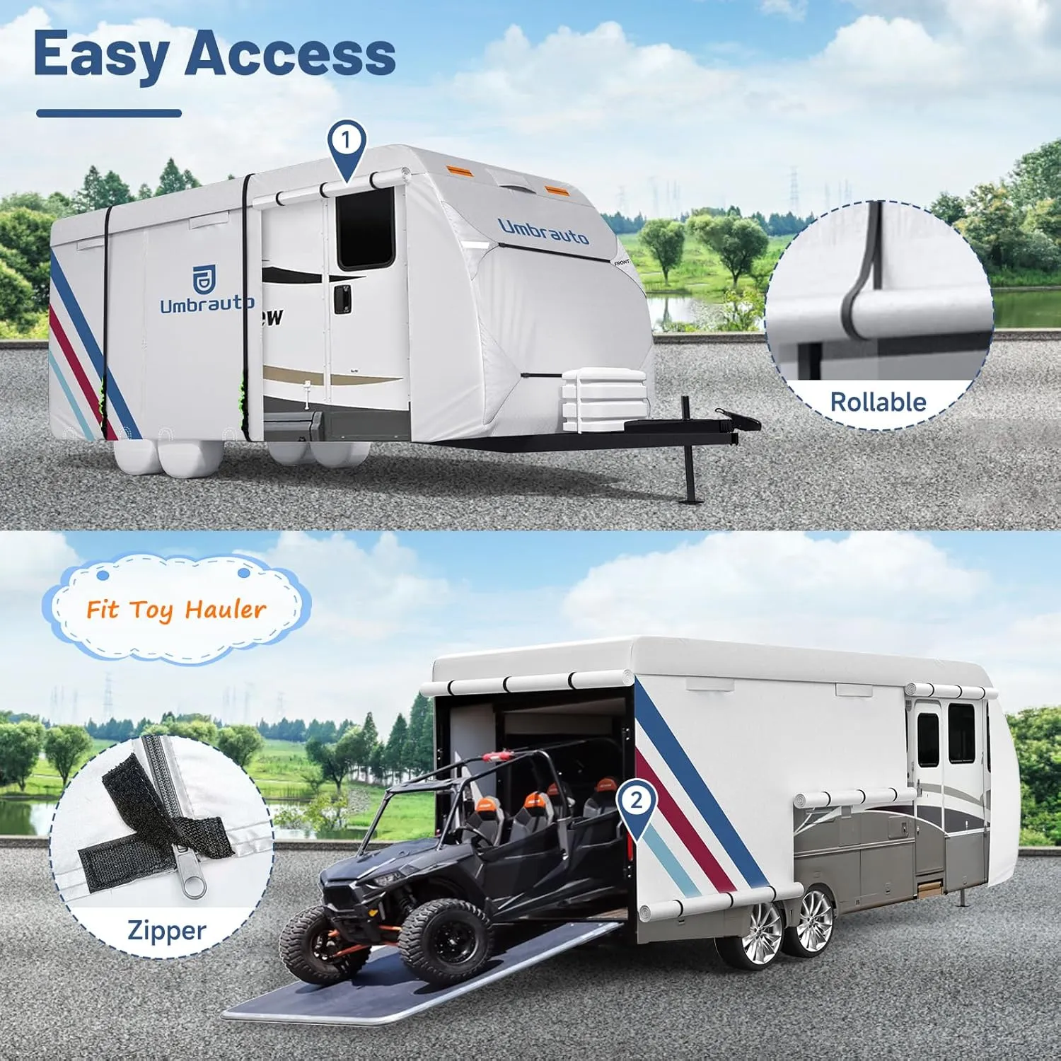 Umbrauto 300D Oxford RV Cover for 30-33ft Travel Trailer – Waterproof & Windproof Camper Cover with Sun-Reflective Silver Coating, Includes 4 Tire Covers & Accessories for All-Season Protection