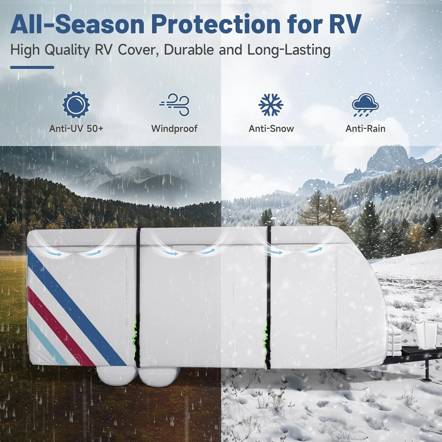 Umbrauto 300D Oxford RV Cover for 30-33ft Travel Trailer – Waterproof & Windproof Camper Cover with Sun-Reflective Silver Coating, Includes 4 Tire Covers & Accessories for All-Season Protection