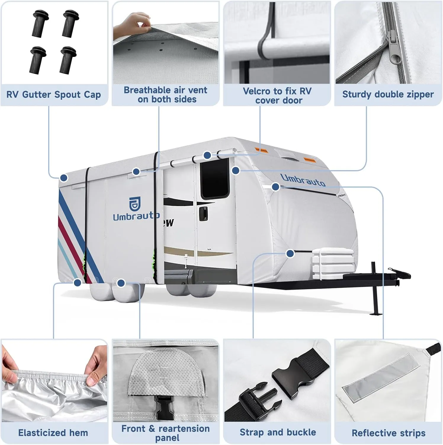 Umbrauto 300D Oxford RV Cover for 30-33ft Travel Trailer – Waterproof & Windproof Camper Cover with Sun-Reflective Silver Coating, Includes 4 Tire Covers & Accessories for All-Season Protection
