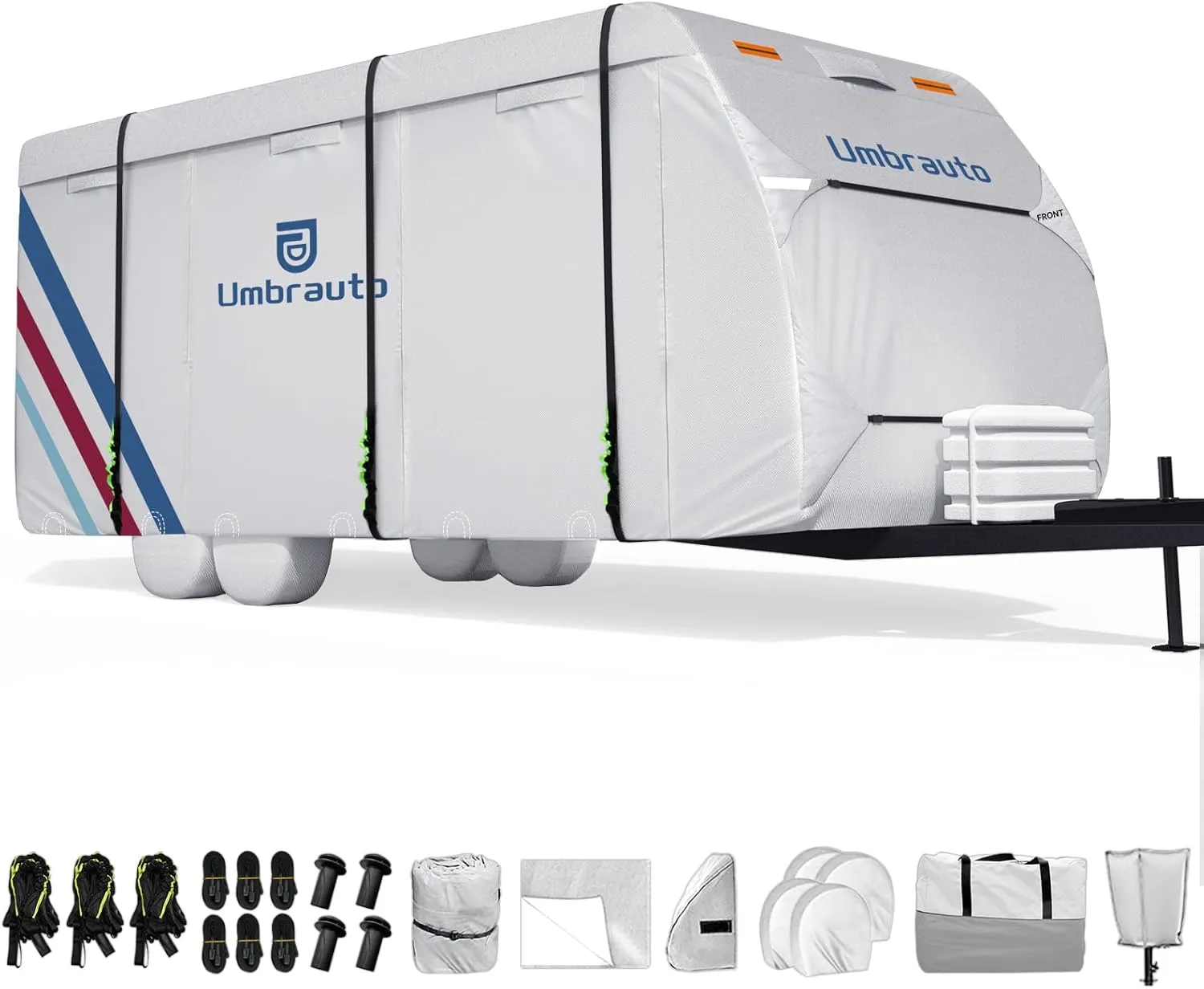 Umbrauto 300D Oxford RV Cover for 30-33ft Travel Trailer – Waterproof & Windproof Camper Cover with Sun-Reflective Silver Coating, Includes 4 Tire Covers & Accessories for All-Season Protection