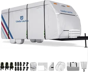 Umbrauto 300D Oxford RV Cover for 30-33ft Travel Trailer – Waterproof & Windproof Camper Cover with Sun-Reflective Silver Coating, Includes 4 Tire Covers & Accessories for All-Season Protection