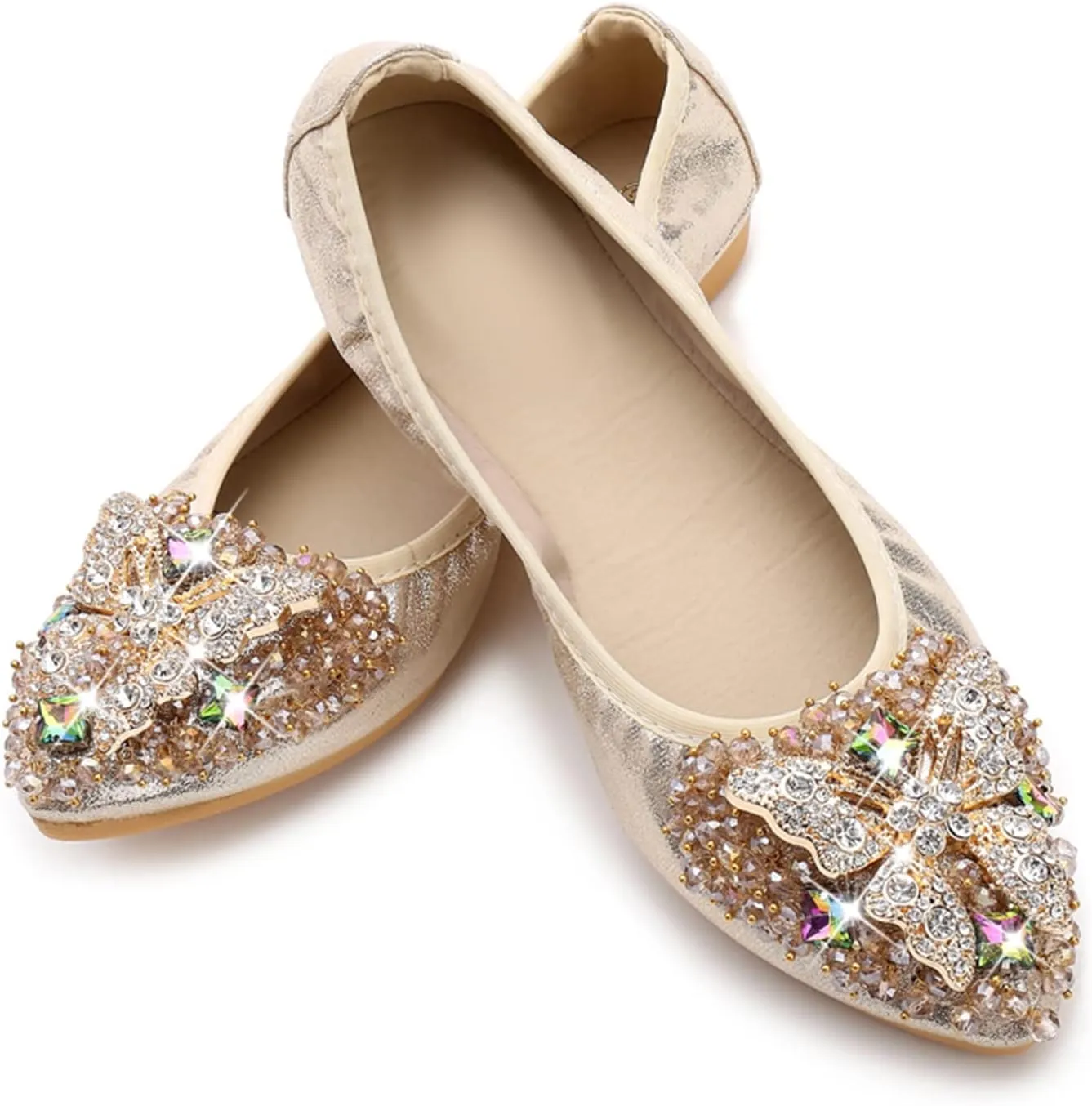 Unifizz Women Ballet Flats Rhinestone Wedding Ballerina Shoes Foldable Sparkly Comfort Slip on Flat Wedding Shoes