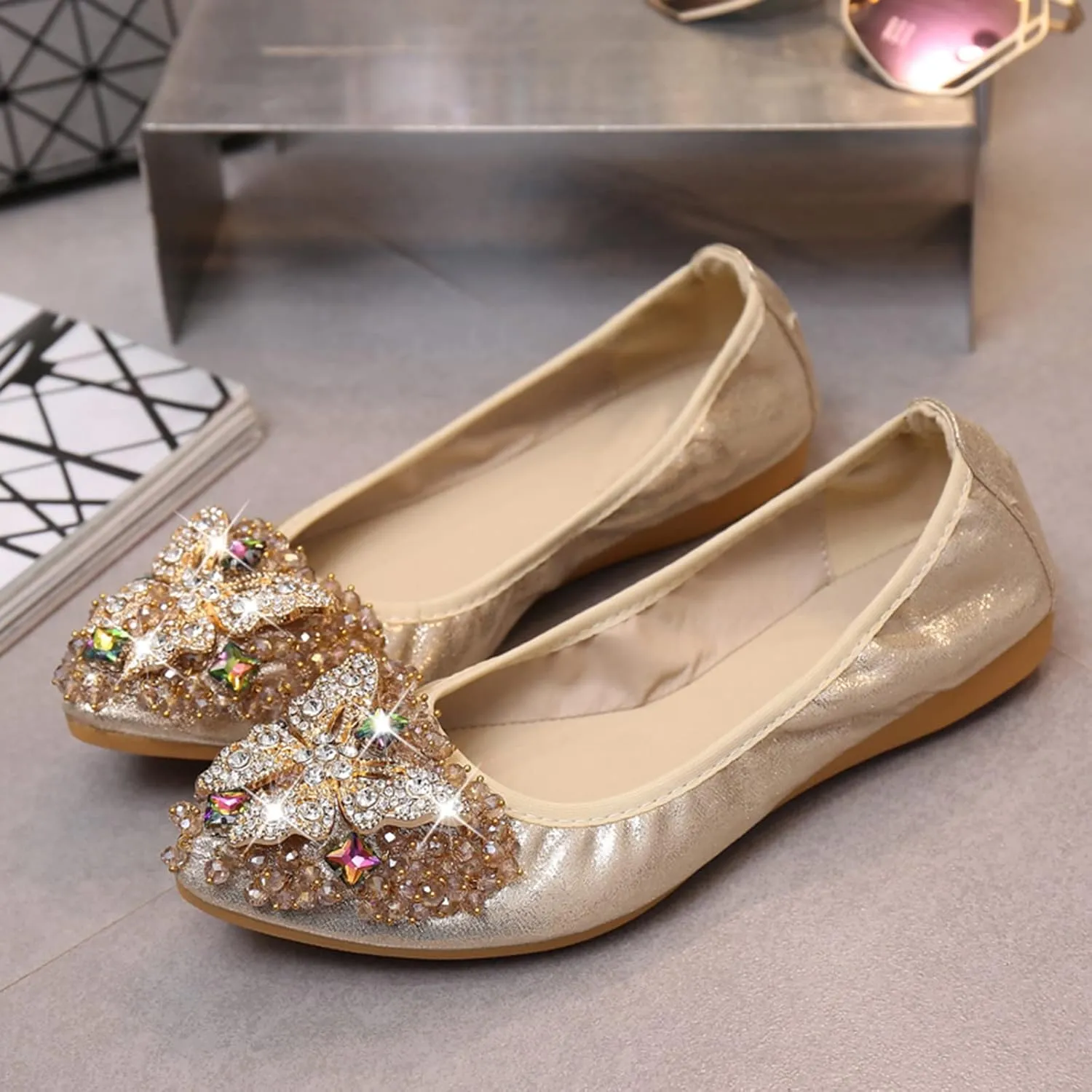 Unifizz Women Ballet Flats Rhinestone Wedding Ballerina Shoes Foldable Sparkly Comfort Slip on Flat Wedding Shoes