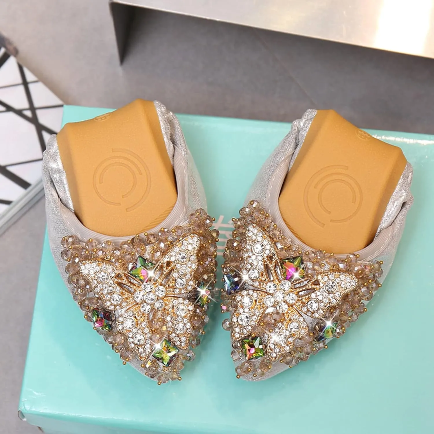 Unifizz Women Ballet Flats Rhinestone Wedding Ballerina Shoes Foldable Sparkly Comfort Slip on Flat Wedding Shoes