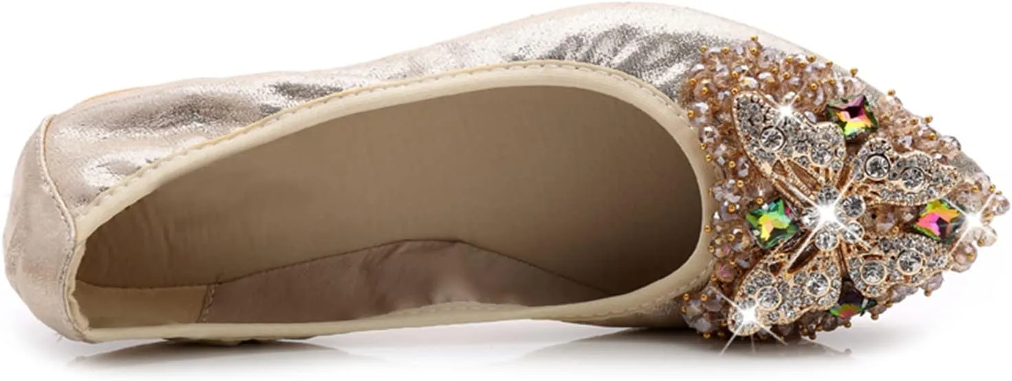 Unifizz Women Ballet Flats Rhinestone Wedding Ballerina Shoes Foldable Sparkly Comfort Slip on Flat Wedding Shoes