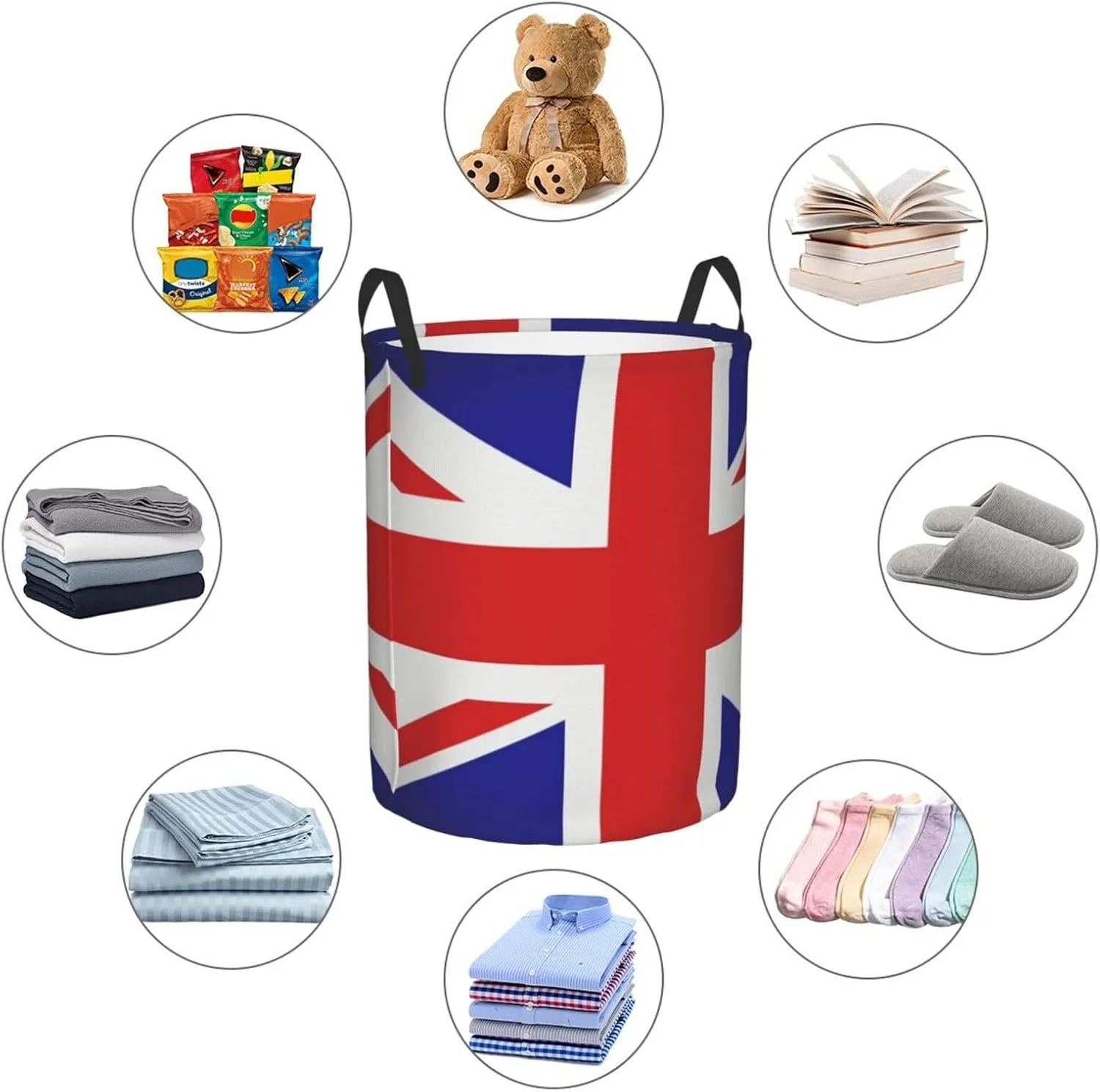 United Kingdom Flag Union Jack Laundry Hamper with Durable Handle Waterproof Foldable Laundry Basket Round Storage Basket Dirty Clothes Bag for Kids Bathroom Bedroom Dorm