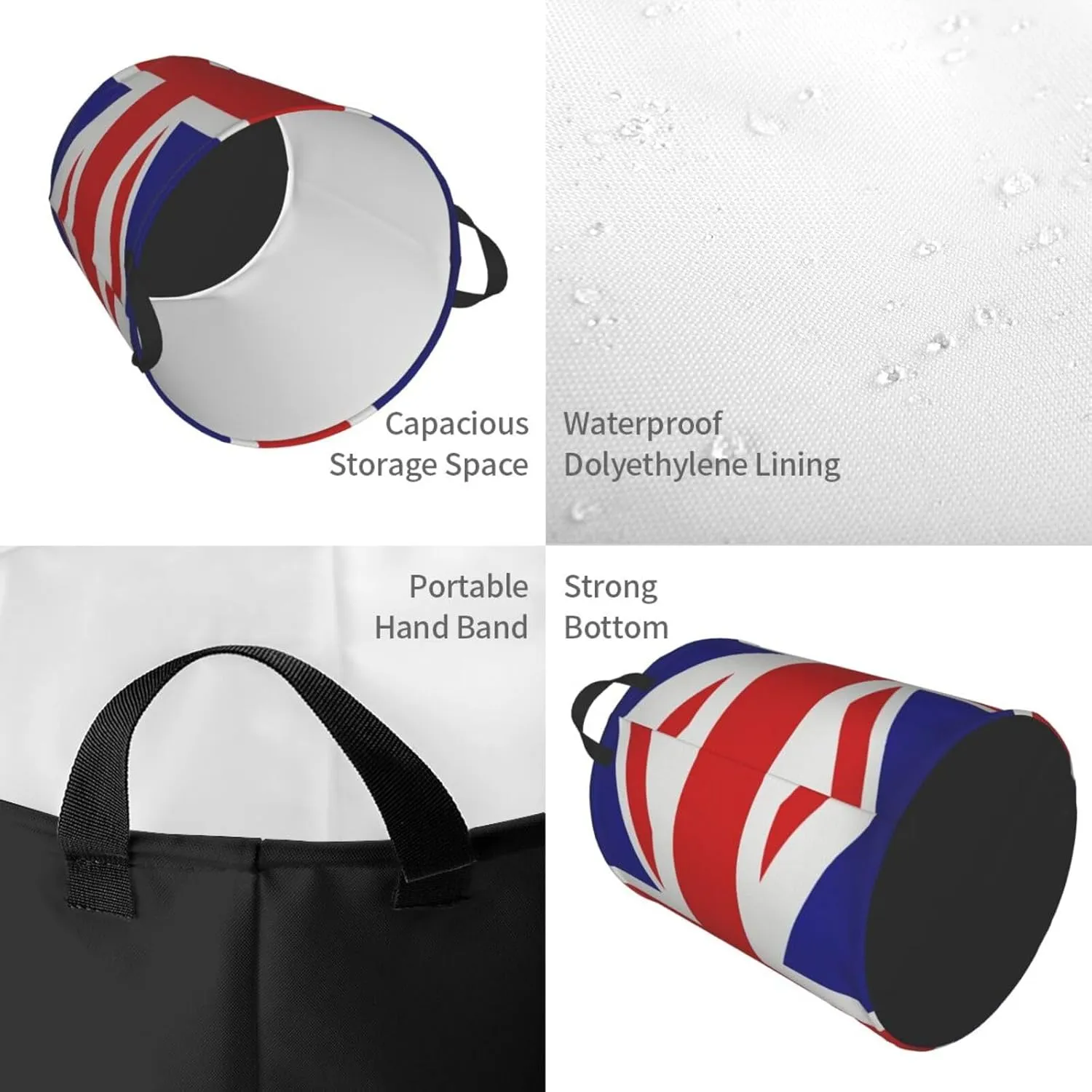 United Kingdom Flag Union Jack Laundry Hamper with Durable Handle Waterproof Foldable Laundry Basket Round Storage Basket Dirty Clothes Bag for Kids Bathroom Bedroom Dorm
