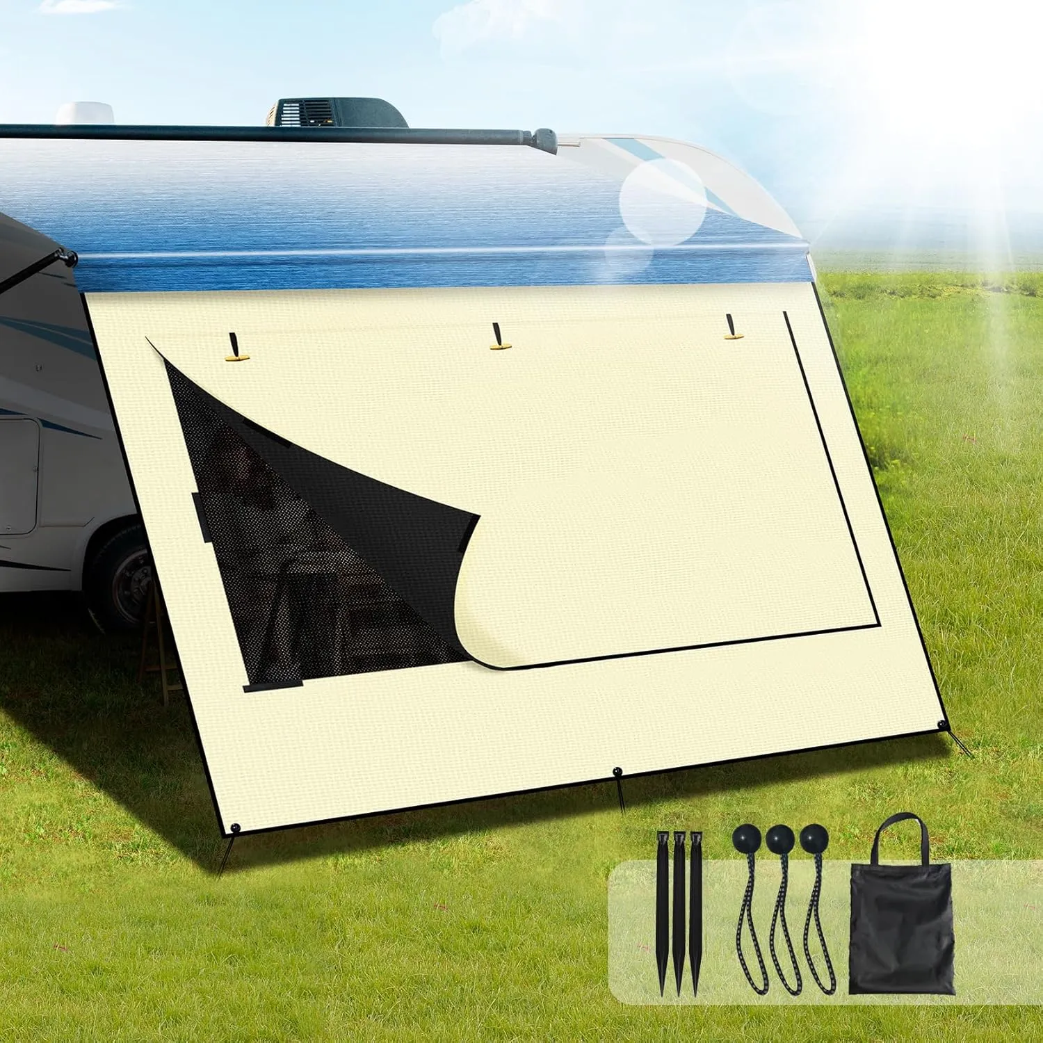 Upgraded RV Awning Sun Shade Screen with Privacy Curtain | UV Protection & Waterproof Polyester Fabric | Easy Installation for Campers, Trailers, Motorhomes (Beige, 8'X13'3'' for 14 ft Awning)