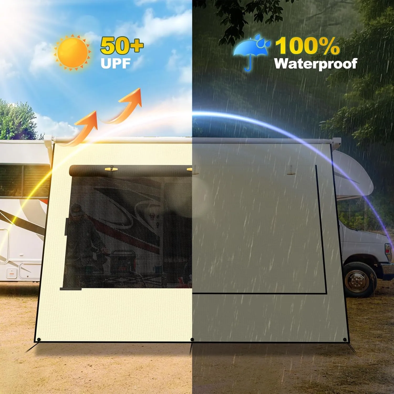Upgraded RV Awning Sun Shade Screen with Privacy Curtain | UV Protection & Waterproof Polyester Fabric | Easy Installation for Campers, Trailers, Motorhomes (Beige, 8'X13'3'' for 14 ft Awning)