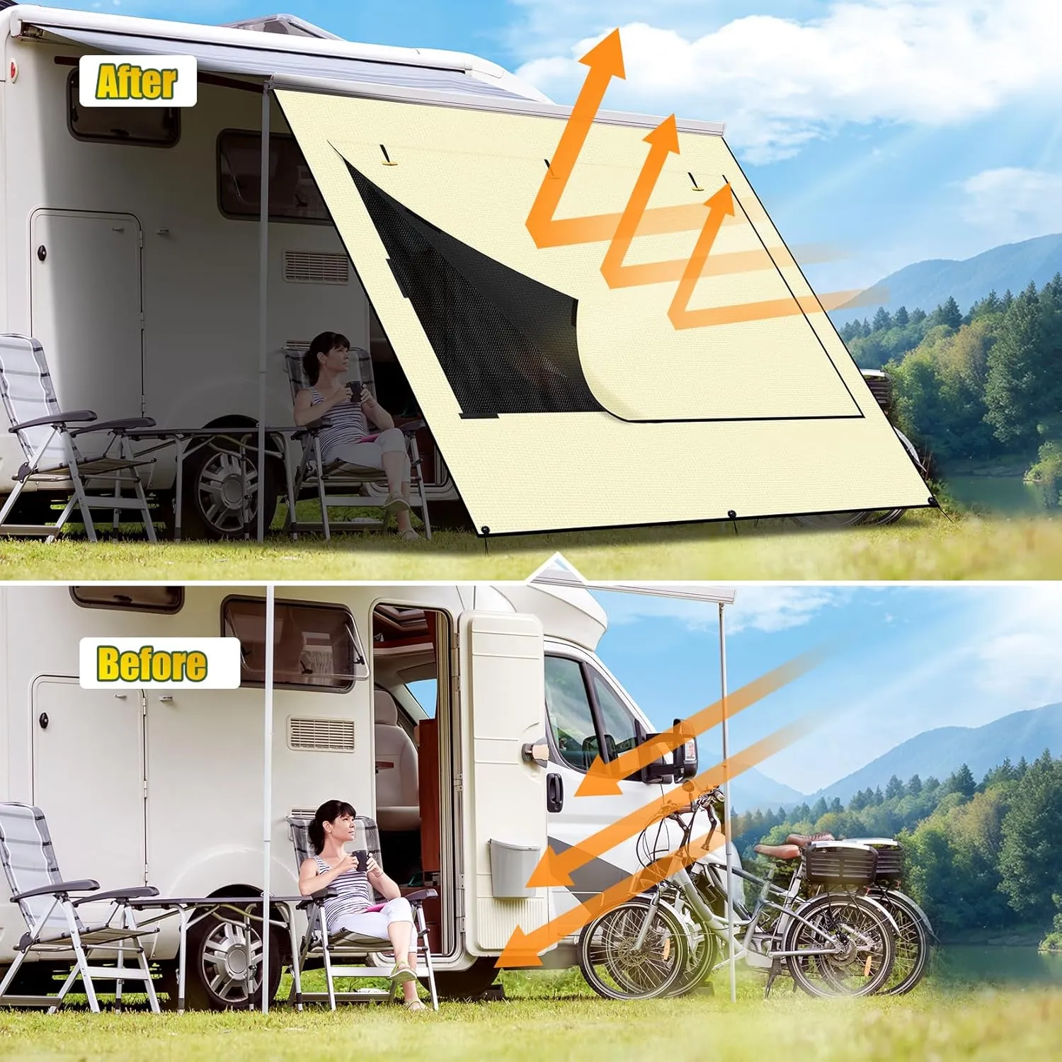Upgraded RV Awning Sun Shade Screen with Privacy Curtain | UV Protection & Waterproof Polyester Fabric | Easy Installation for Campers, Trailers, Motorhomes (Beige, 8'X13'3'' for 14 ft Awning)