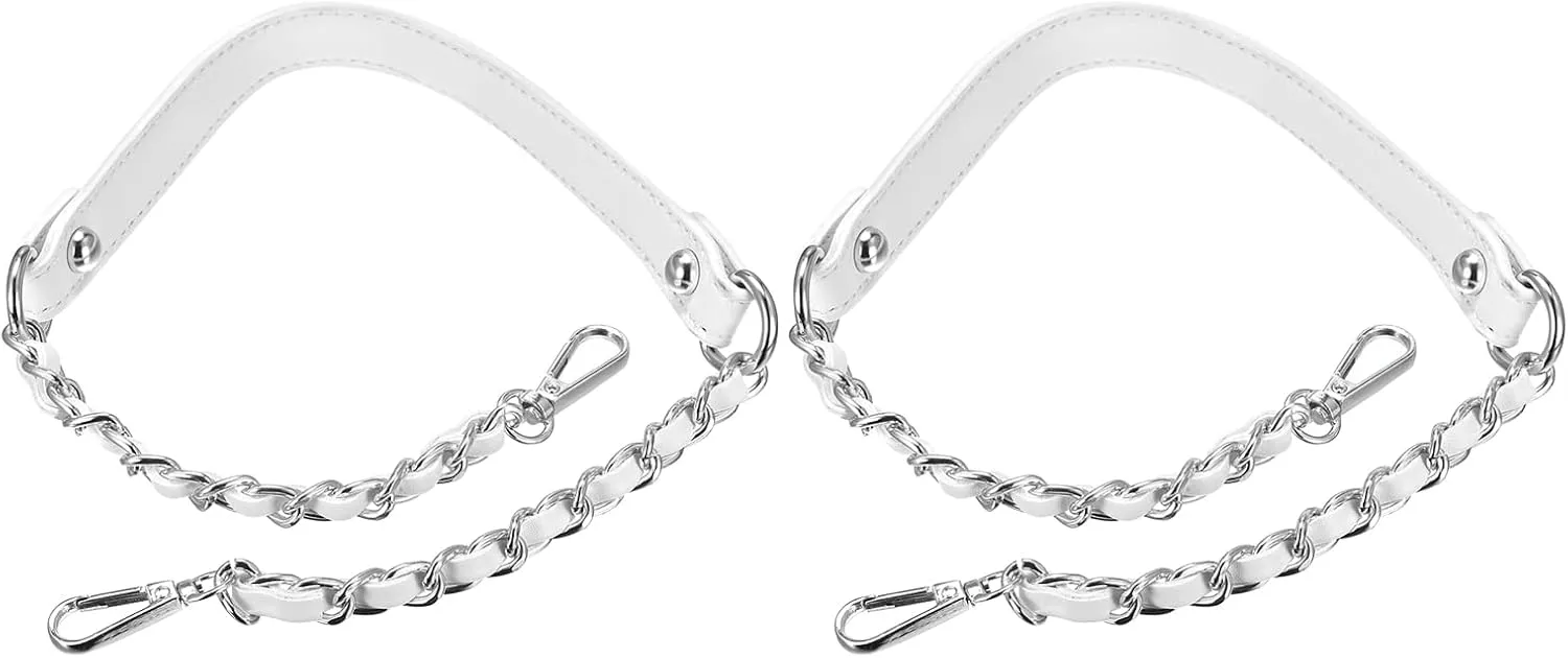 uxcell Purse Chain Strap, 24" 2Pcs Leather Iron Flat Chain Strap Handbag Chains Purse Handles Shoulder Replacement Strap, White Strap Silver Chain