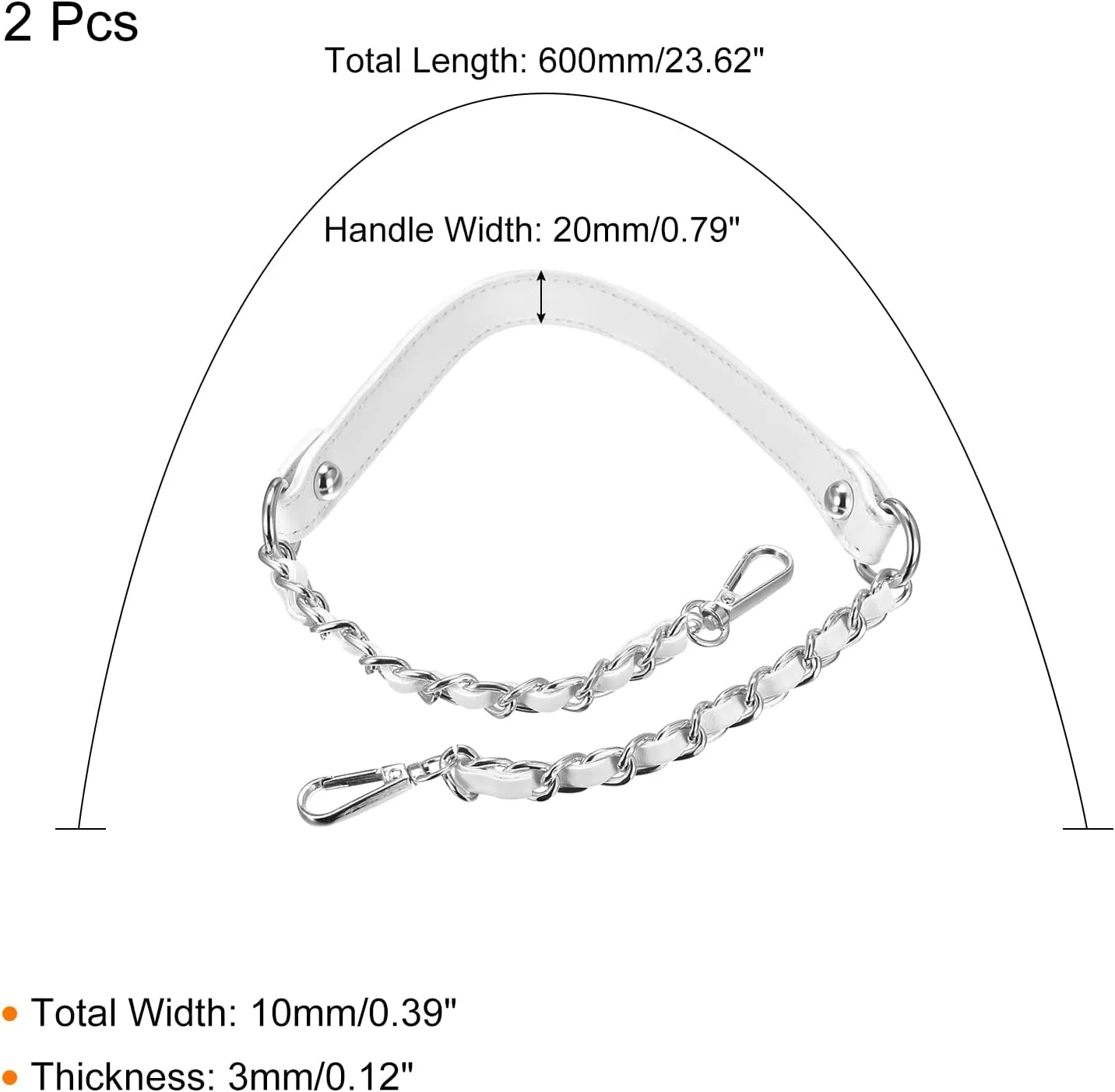 uxcell Purse Chain Strap, 24" 2Pcs Leather Iron Flat Chain Strap Handbag Chains Purse Handles Shoulder Replacement Strap, White Strap Silver Chain