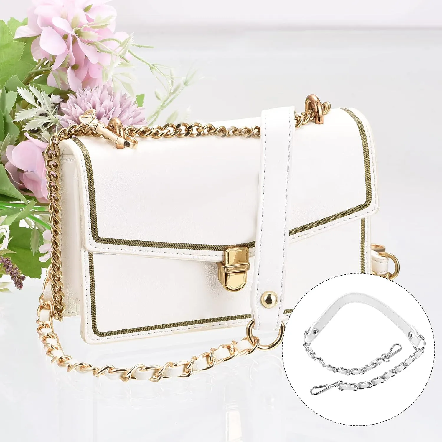 uxcell Purse Chain Strap, 24" 2Pcs Leather Iron Flat Chain Strap Handbag Chains Purse Handles Shoulder Replacement Strap, White Strap Silver Chain